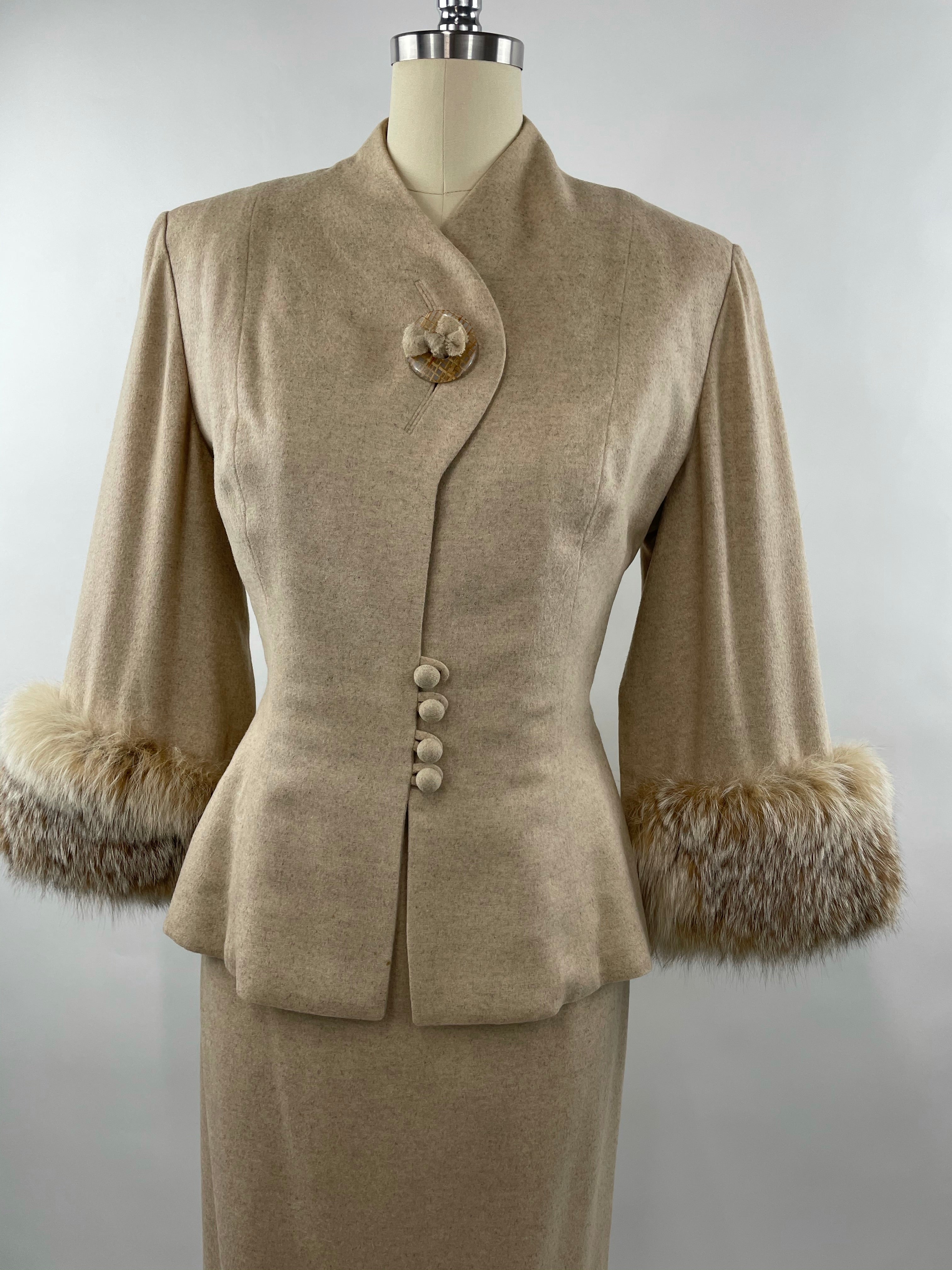 1950s Cream Cashmere & Fox Lilli Ann Cape Suit Size L