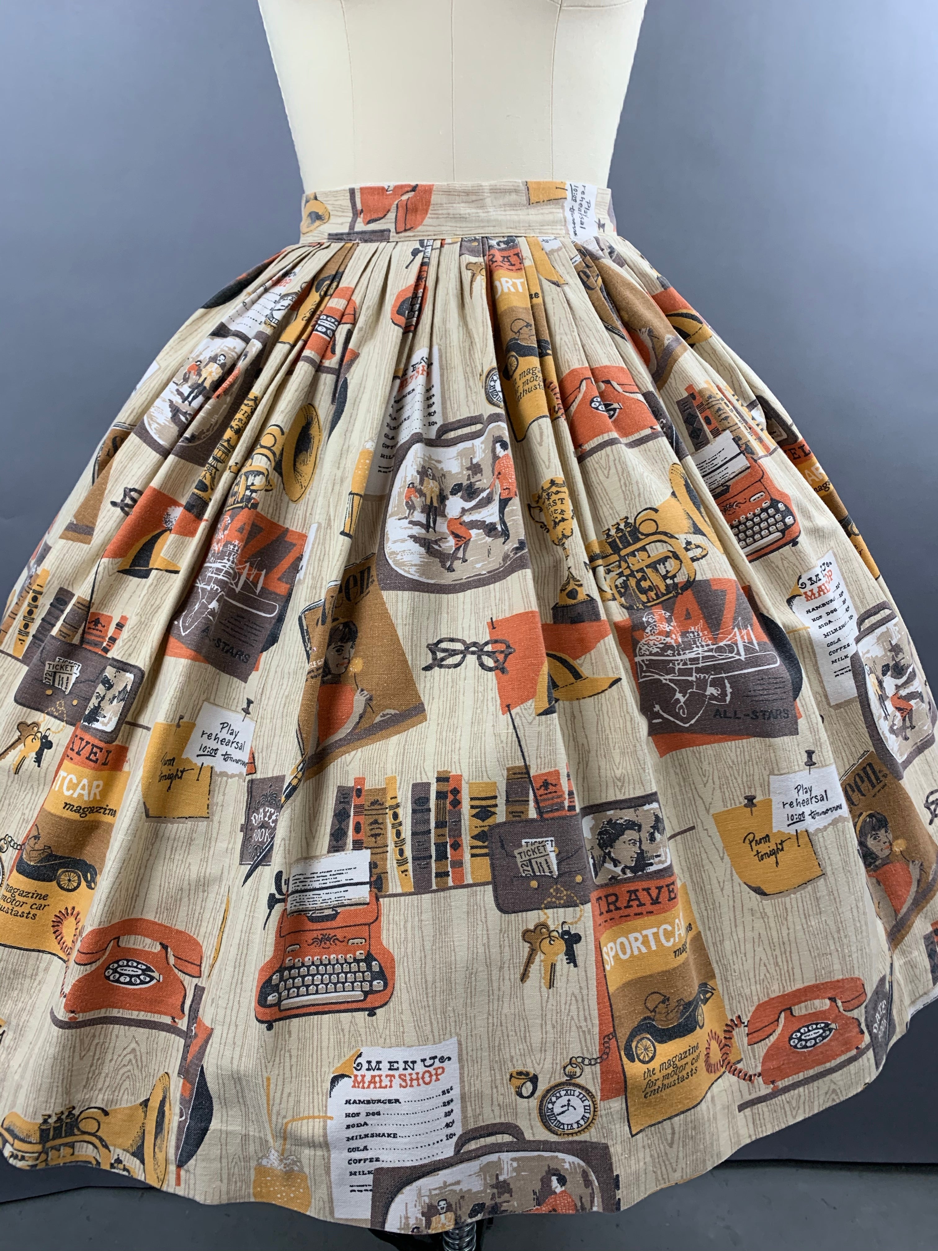 1960s Malt Shop Novelty Print Skirt Size S