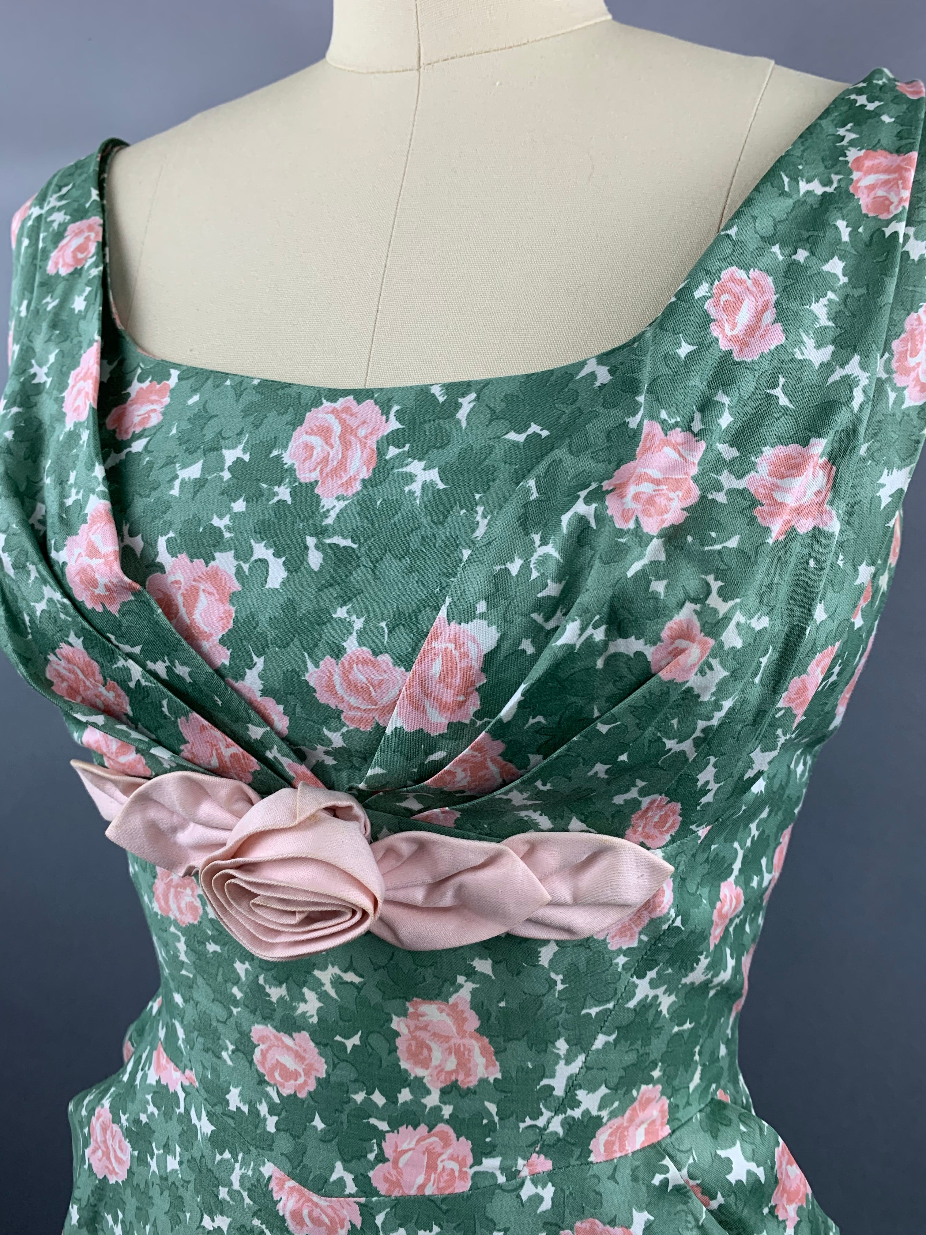 1950s Jeanette Alexander Green Cotton with Pink Roses Dress Size S