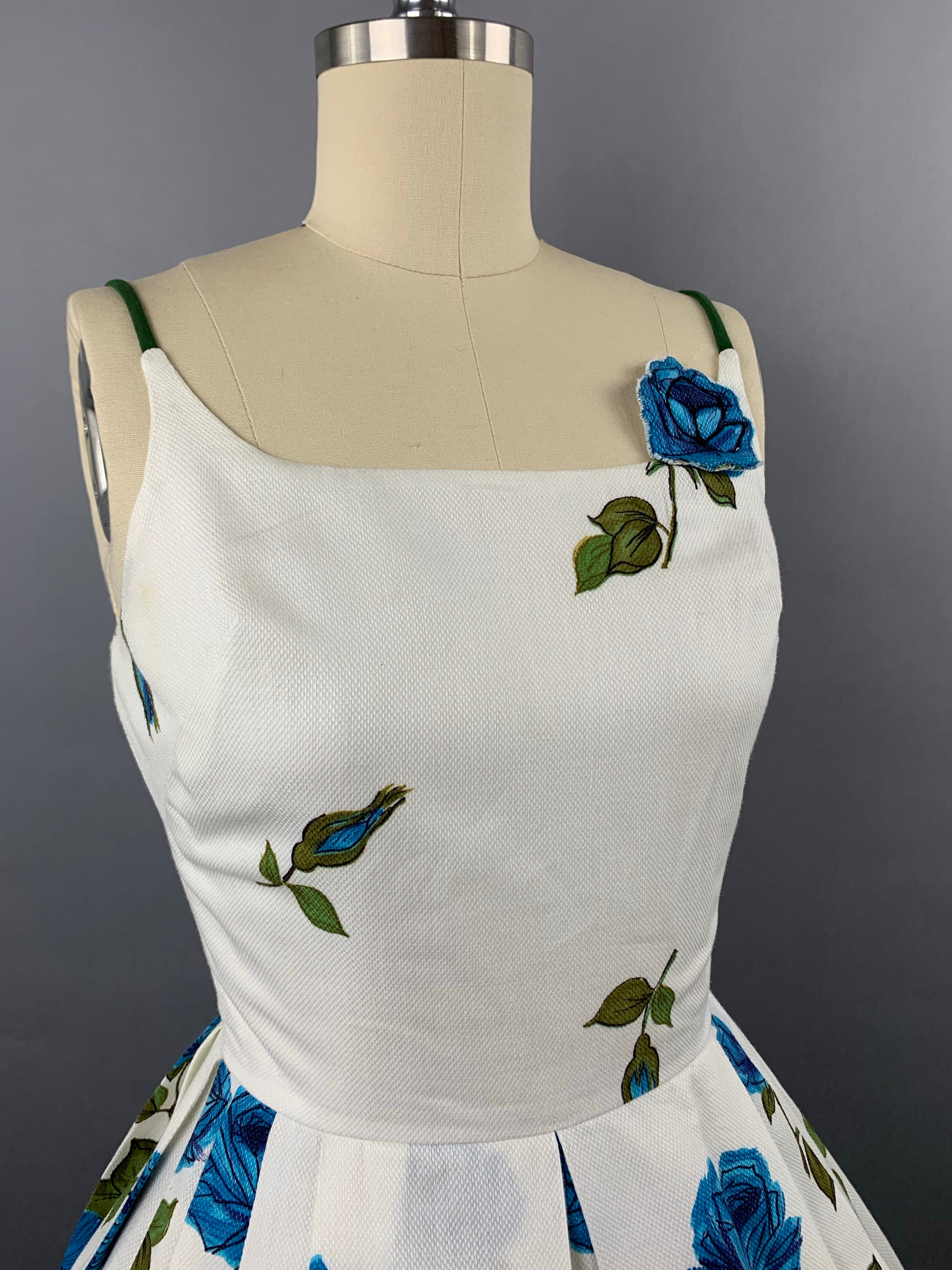 1950s “Co Jr” Blue Roses Fruit of the Loom Border Print Cotton Pique Dress Size XS