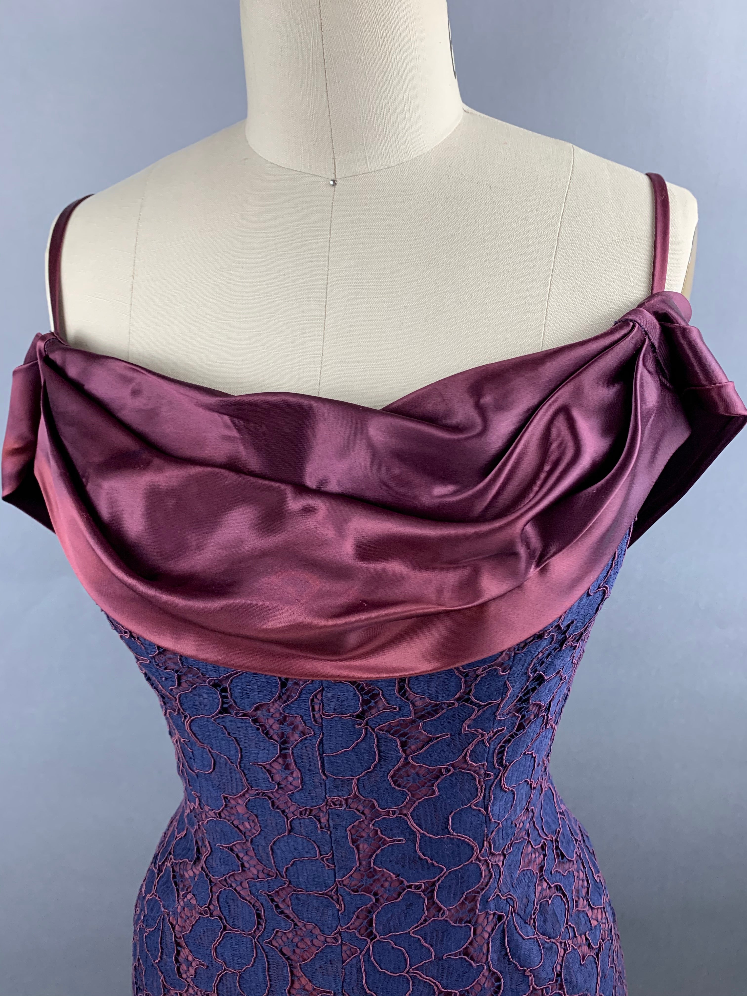 1950s Navy and Burgundy Lace and Satin Party Dress Size M