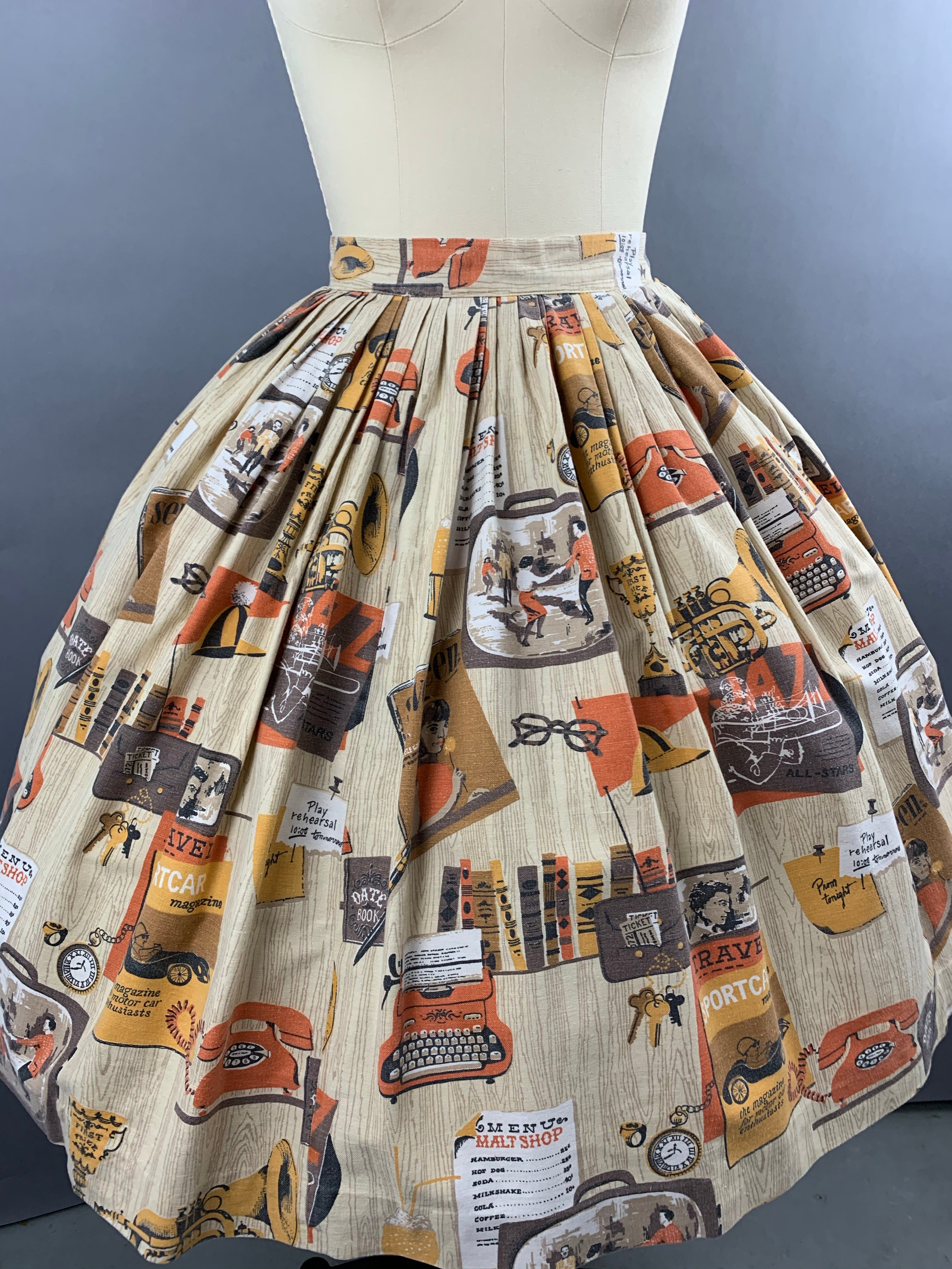 1960s Malt Shop Novelty Print Skirt Size S