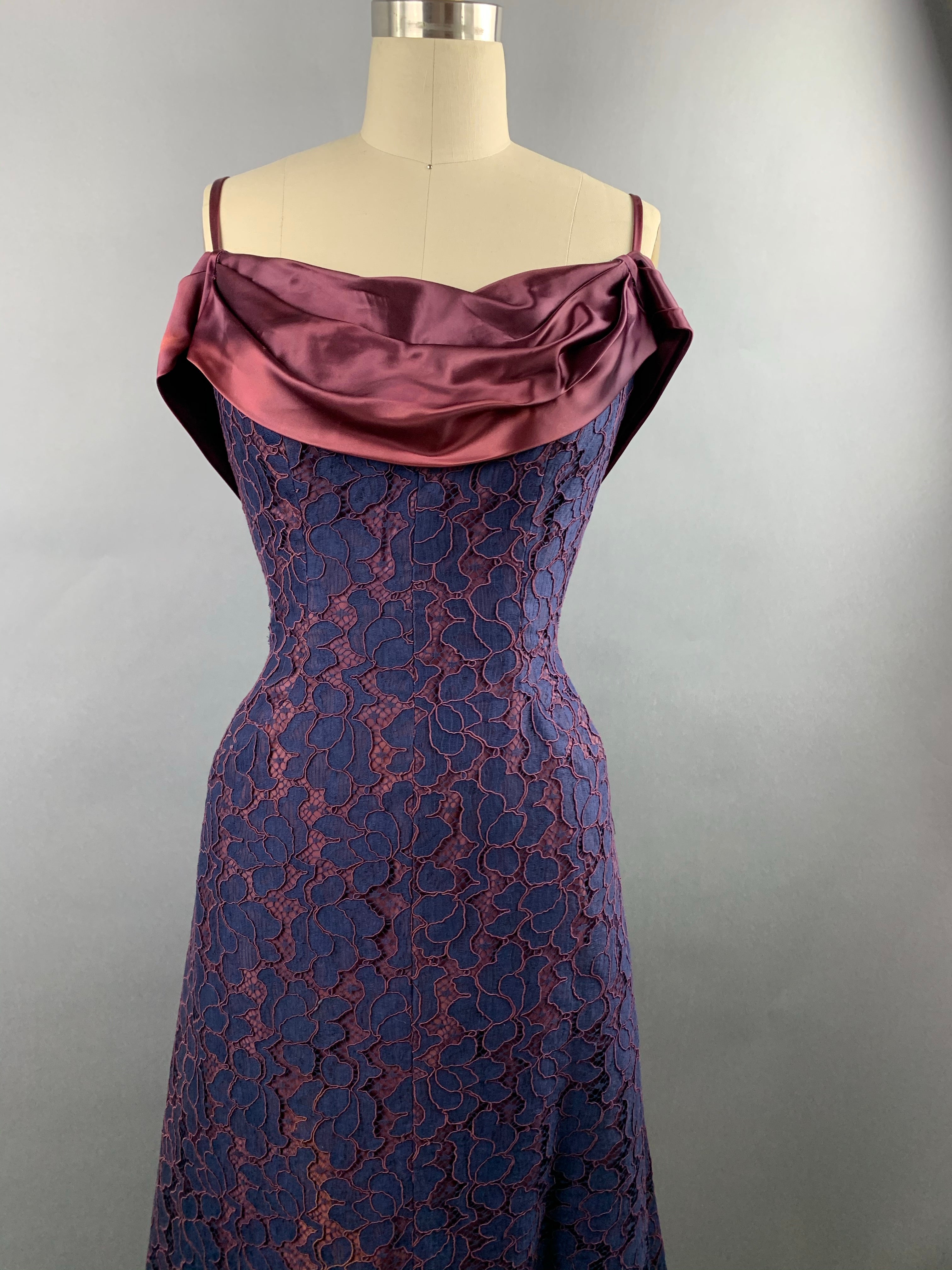 1950s Navy and Burgundy Lace and Satin Party Dress Size M