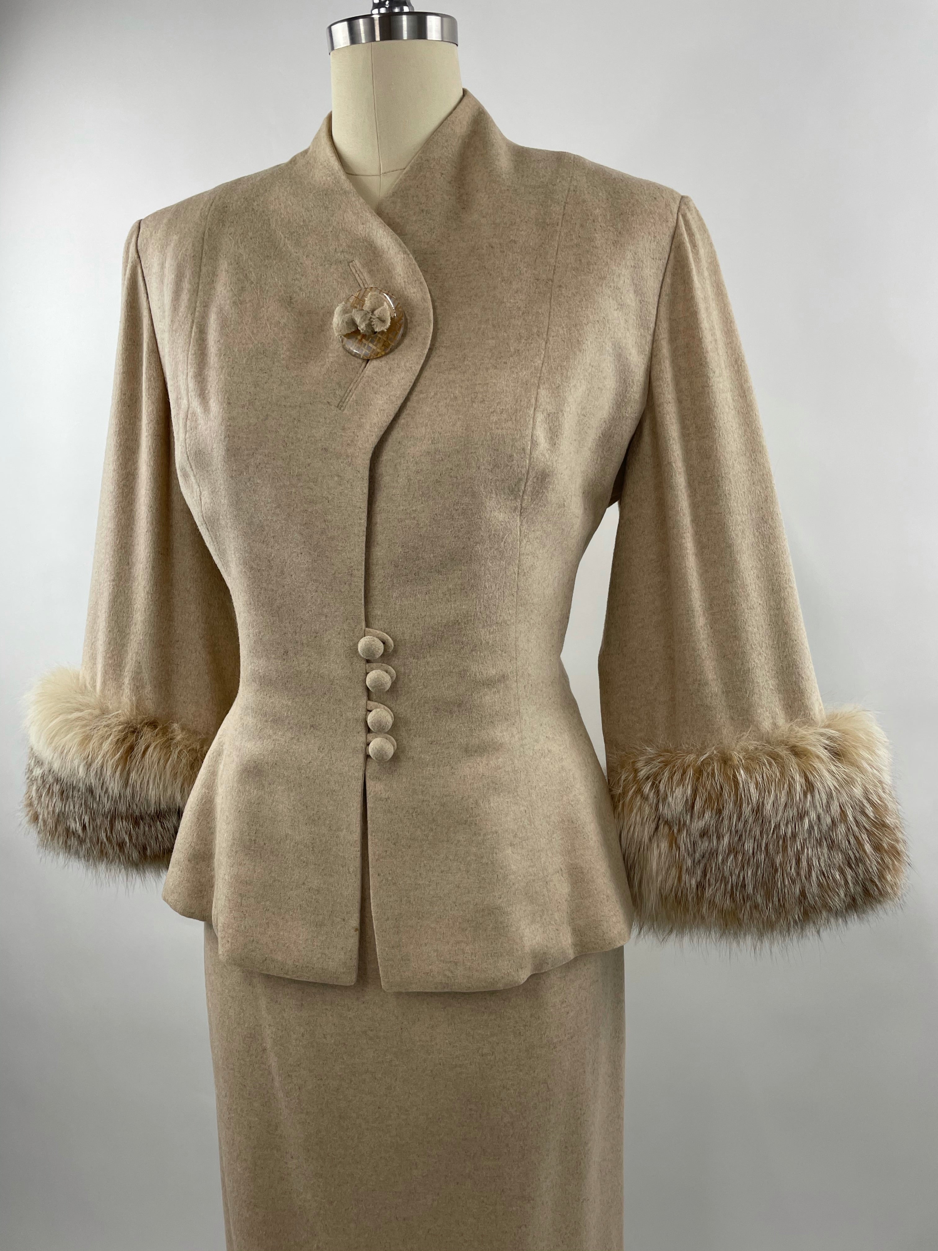 1950s Cream Cashmere & Fox Lilli Ann Cape Suit Size L