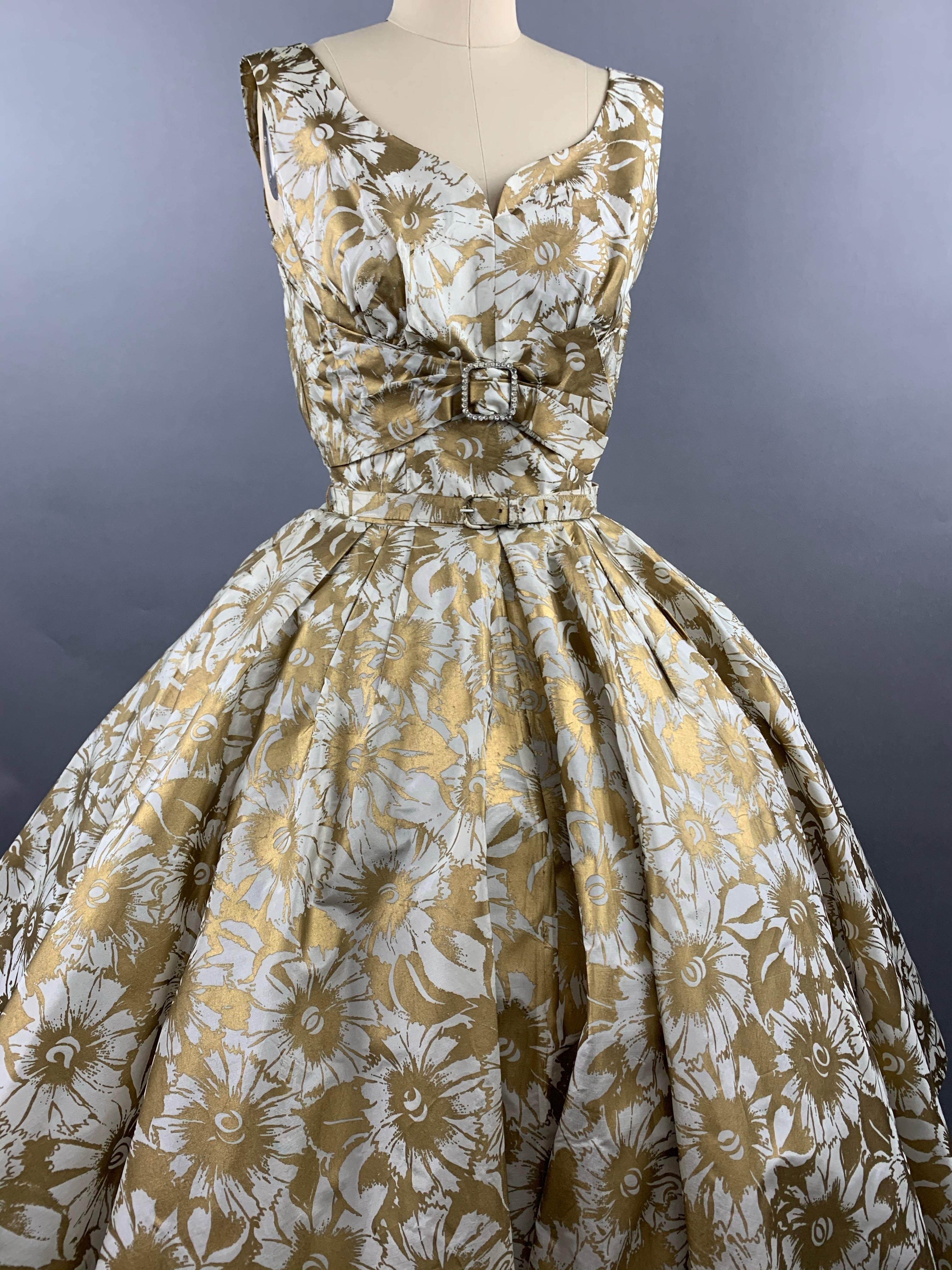 1950s Gold Floral Party Dress Size XS