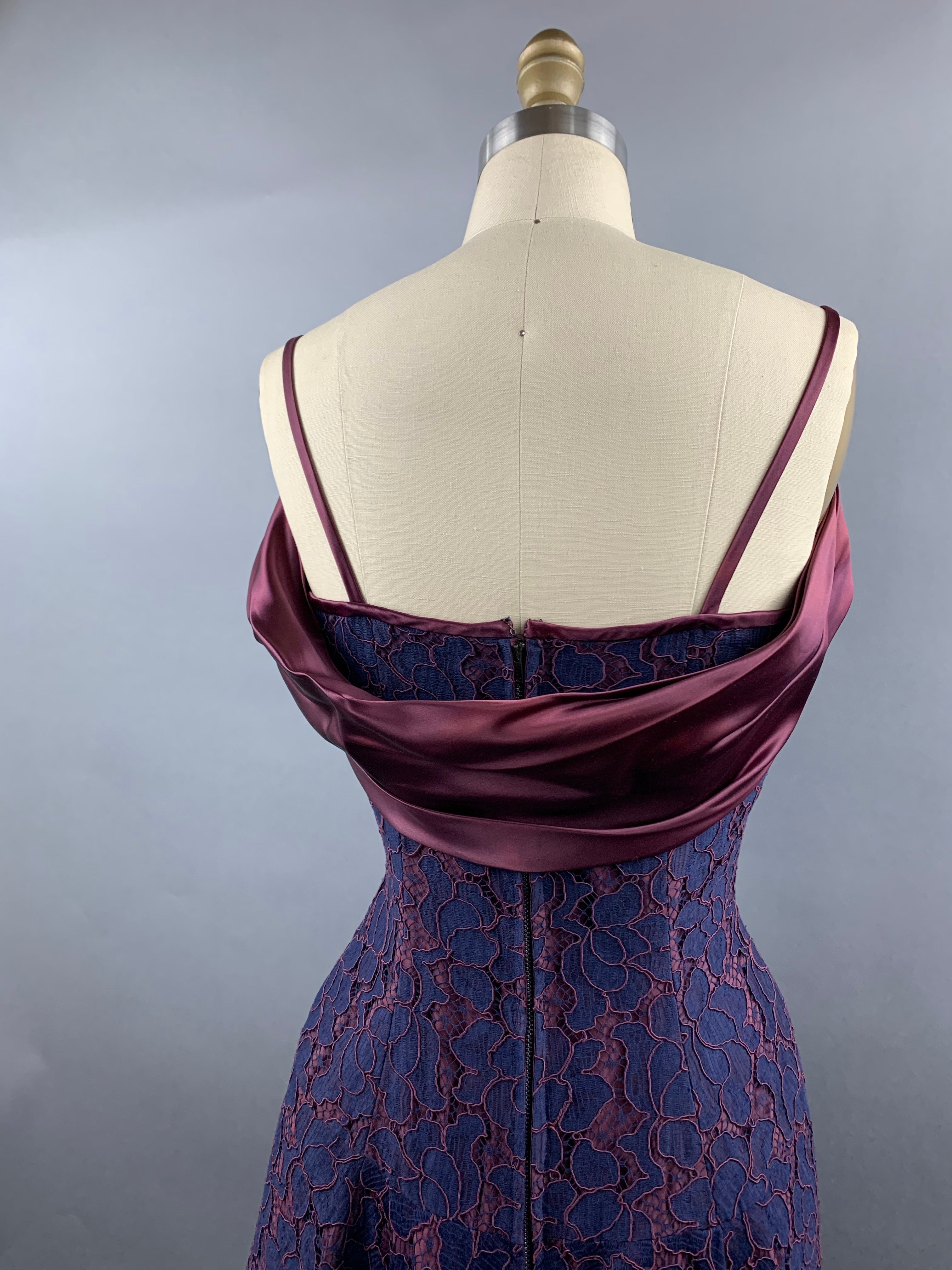 1950s Navy and Burgundy Lace and Satin Party Dress Size M