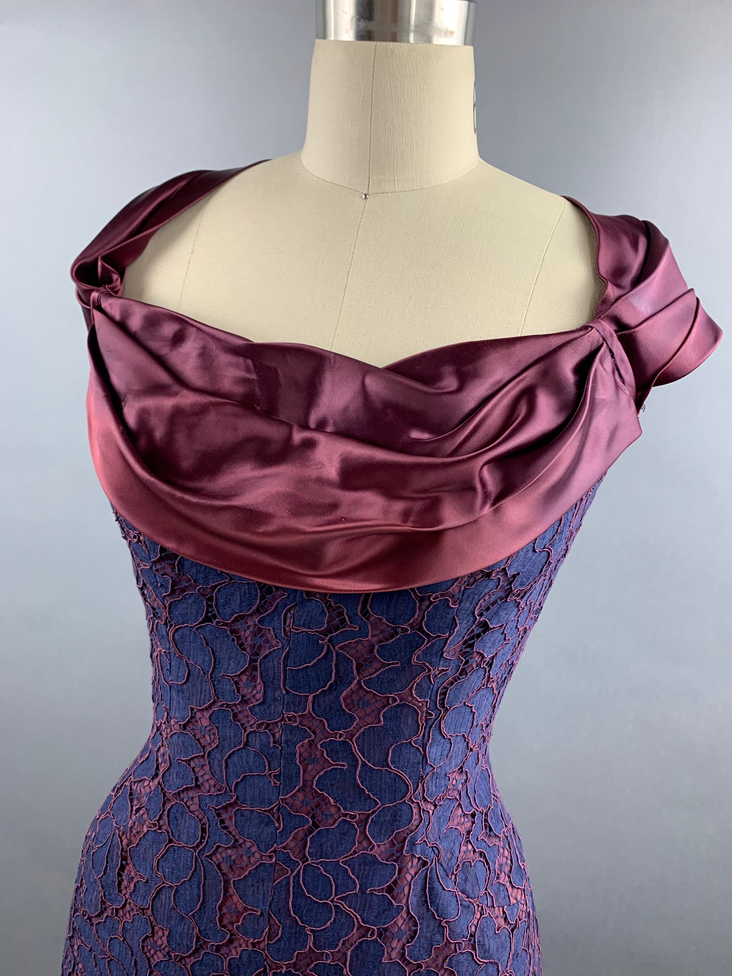 1950s Navy and Burgundy Lace and Satin Party Dress Size M