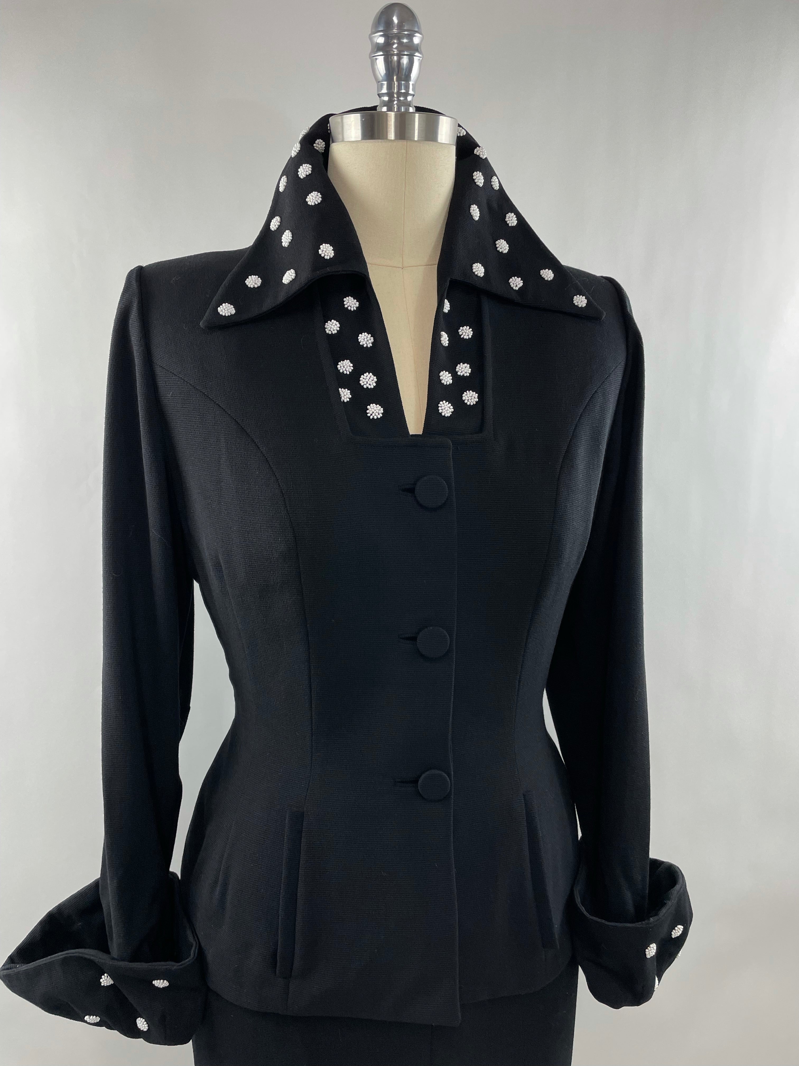 1950s Black Lilli Ann Skirt Suit with White Beading Size XL