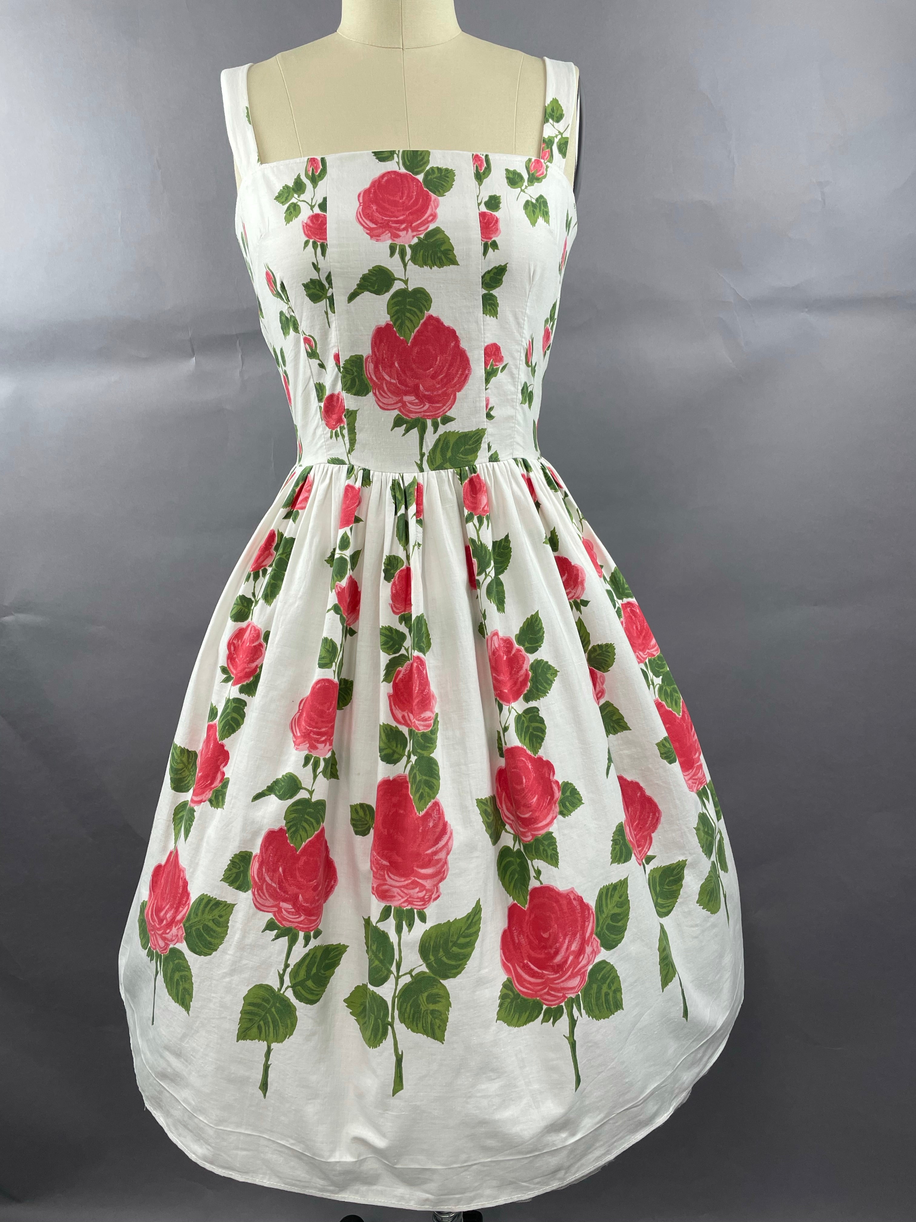 1950s Long Stemmed Rose Print Cotton Sundress Size S