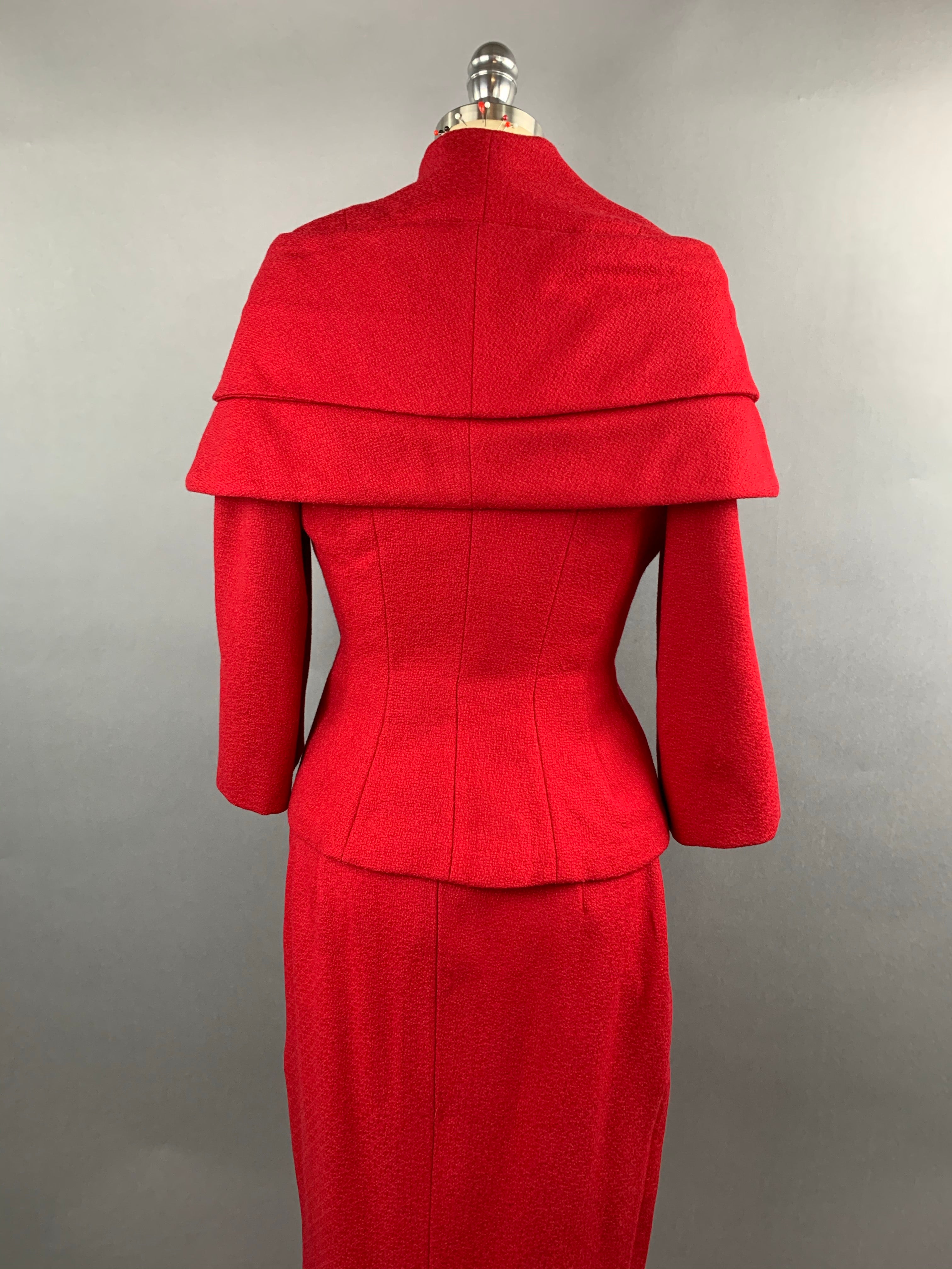 1950s Lilli Ann Red Wool Suit with Black Fox Collar Size S