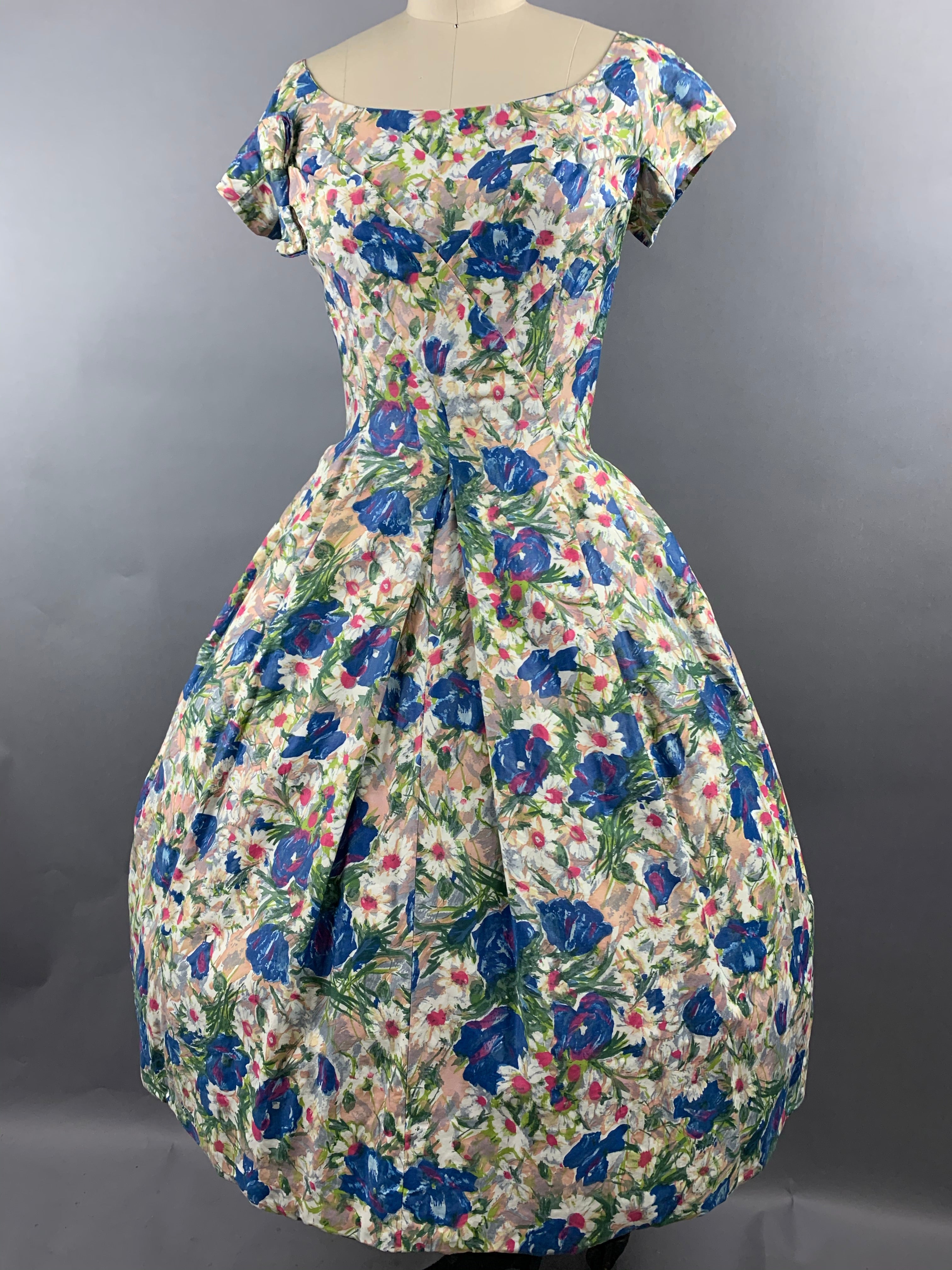 1950s Suzy Perette Blue Floral Polished Cotton Dress Size M