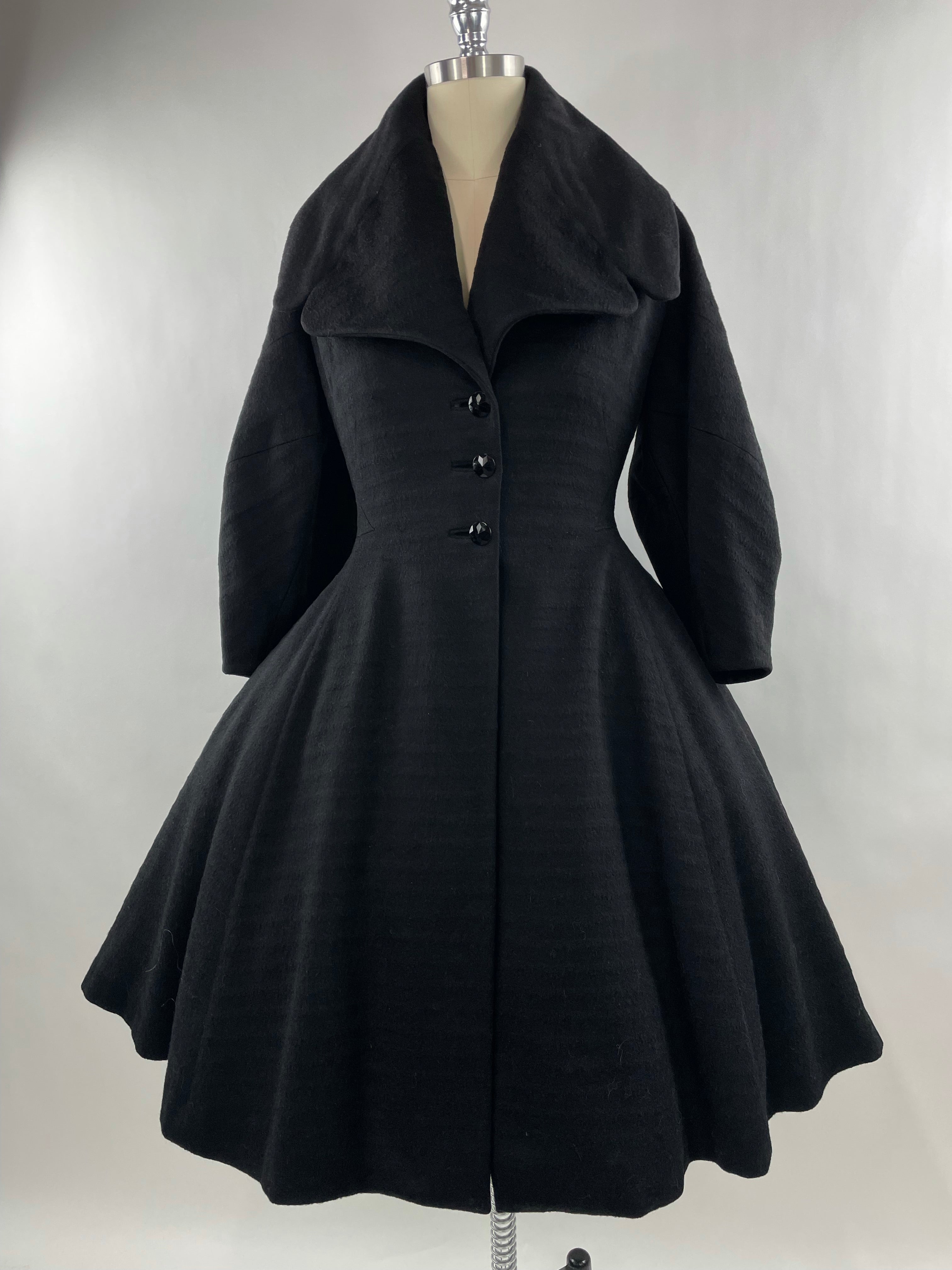 1950s Black Wool Lilli Ann Princess Coat with Exaggerated Collar and Sleeves Size L