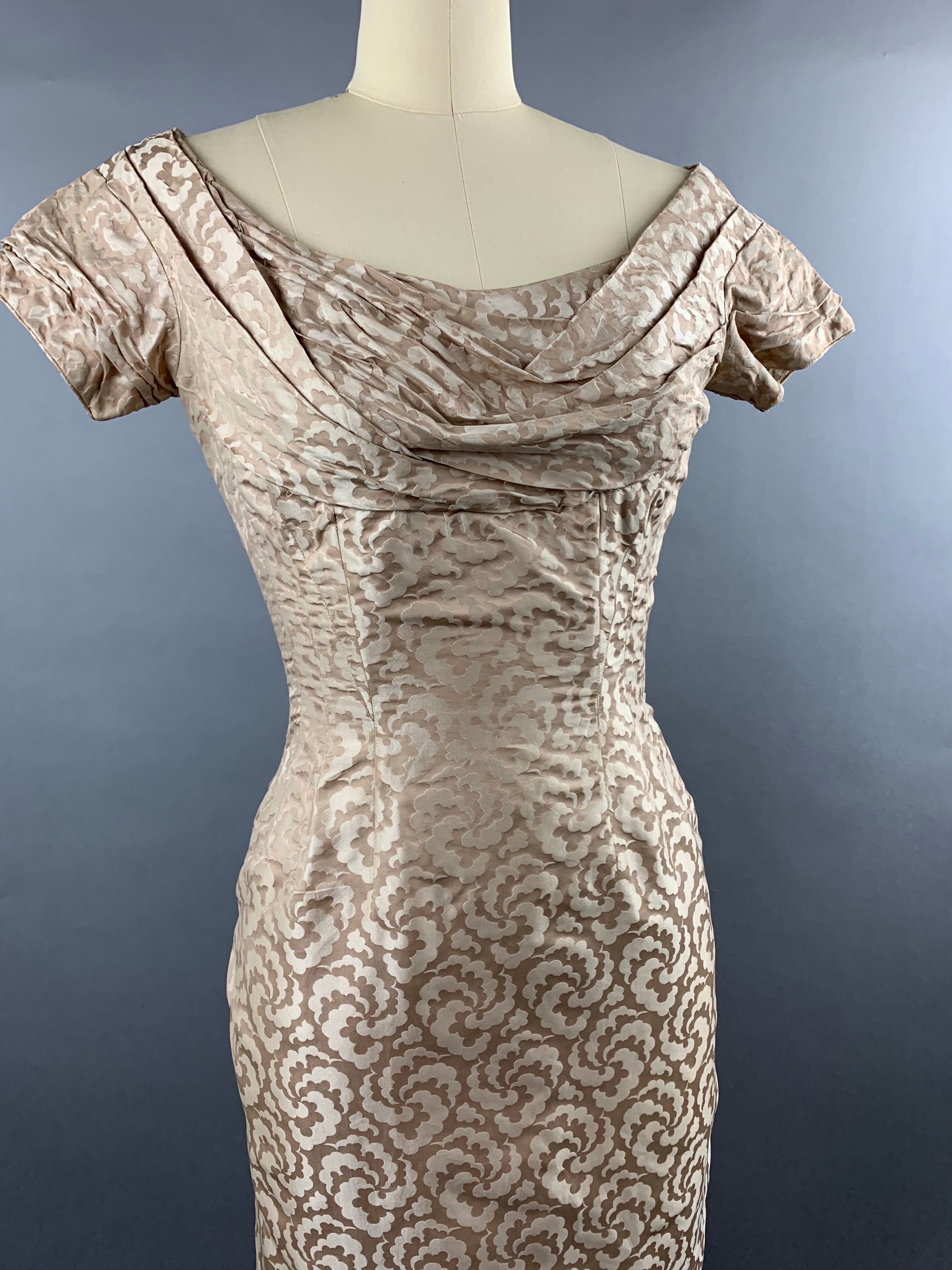 1950s Ceil Chapman beige gold silk-cotton wiggle dress Size S