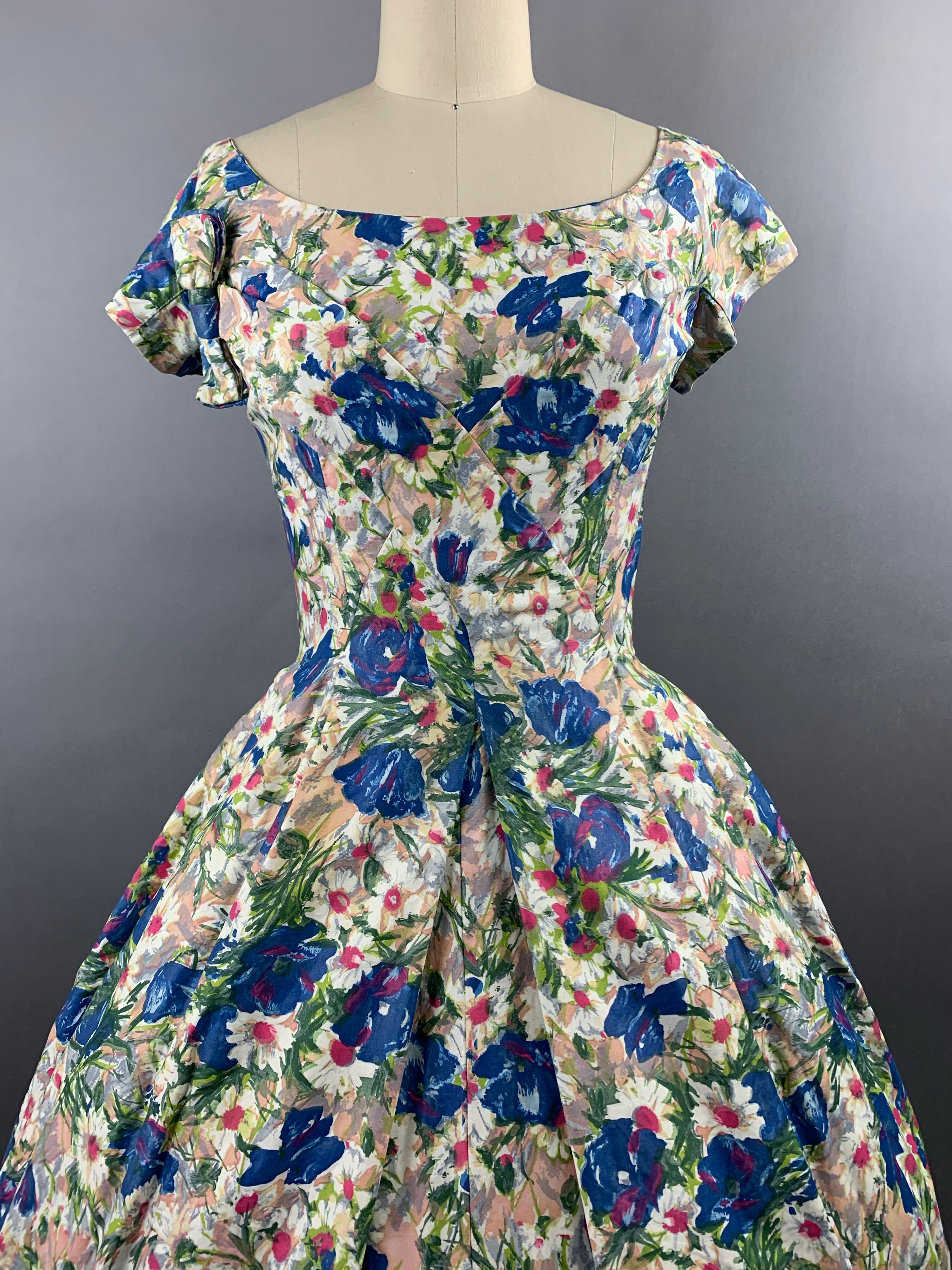 1950s Suzy Perette Blue Floral Polished Cotton Dress Size M