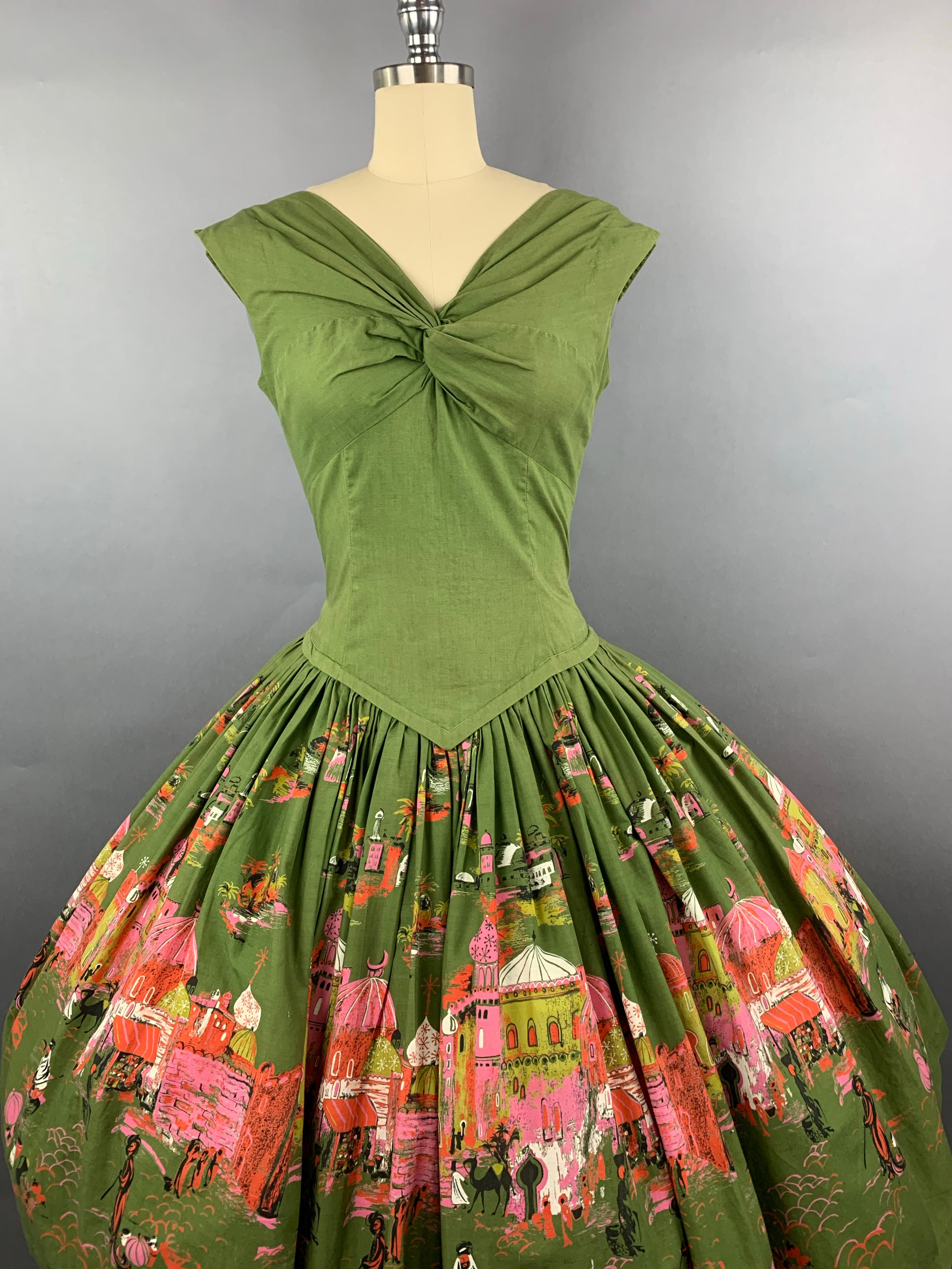 1950s Green Casbah Cotton Dress Size M