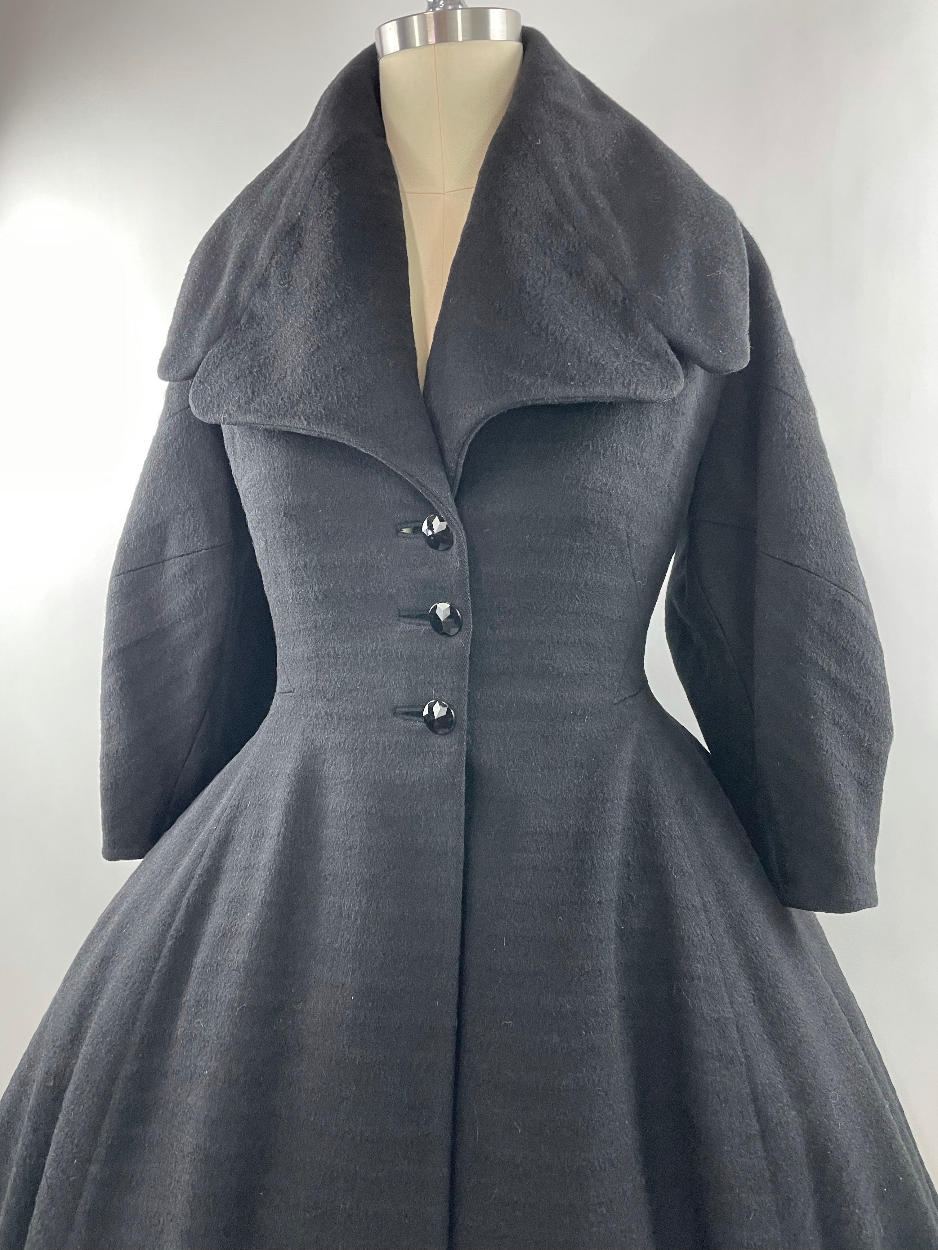 1950s Black Wool Lilli Ann Princess Coat with Exaggerated Collar and Sleeves Size L