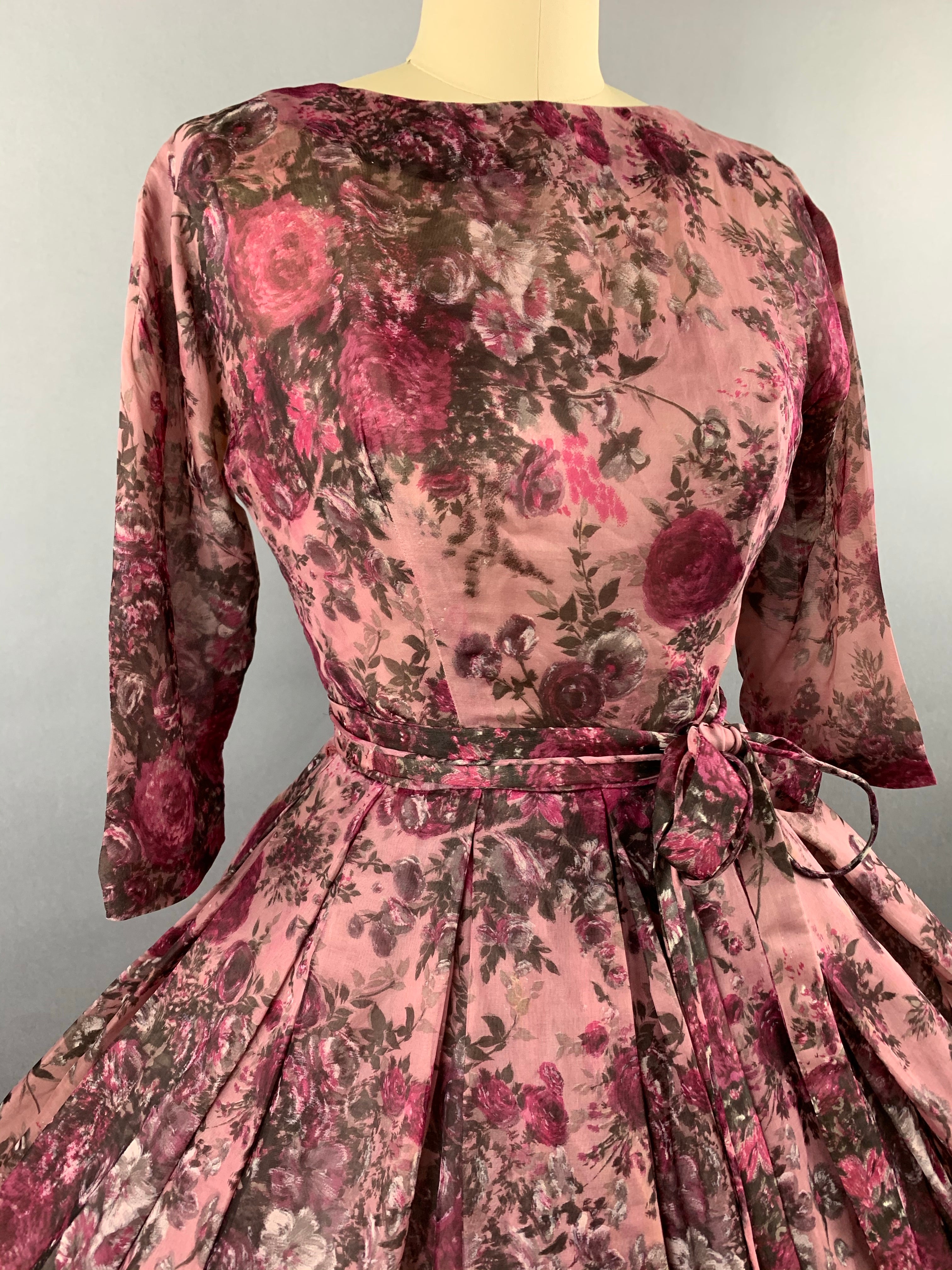 1950s Pink Roses Silk dress by Talmack John Moore New York Size M