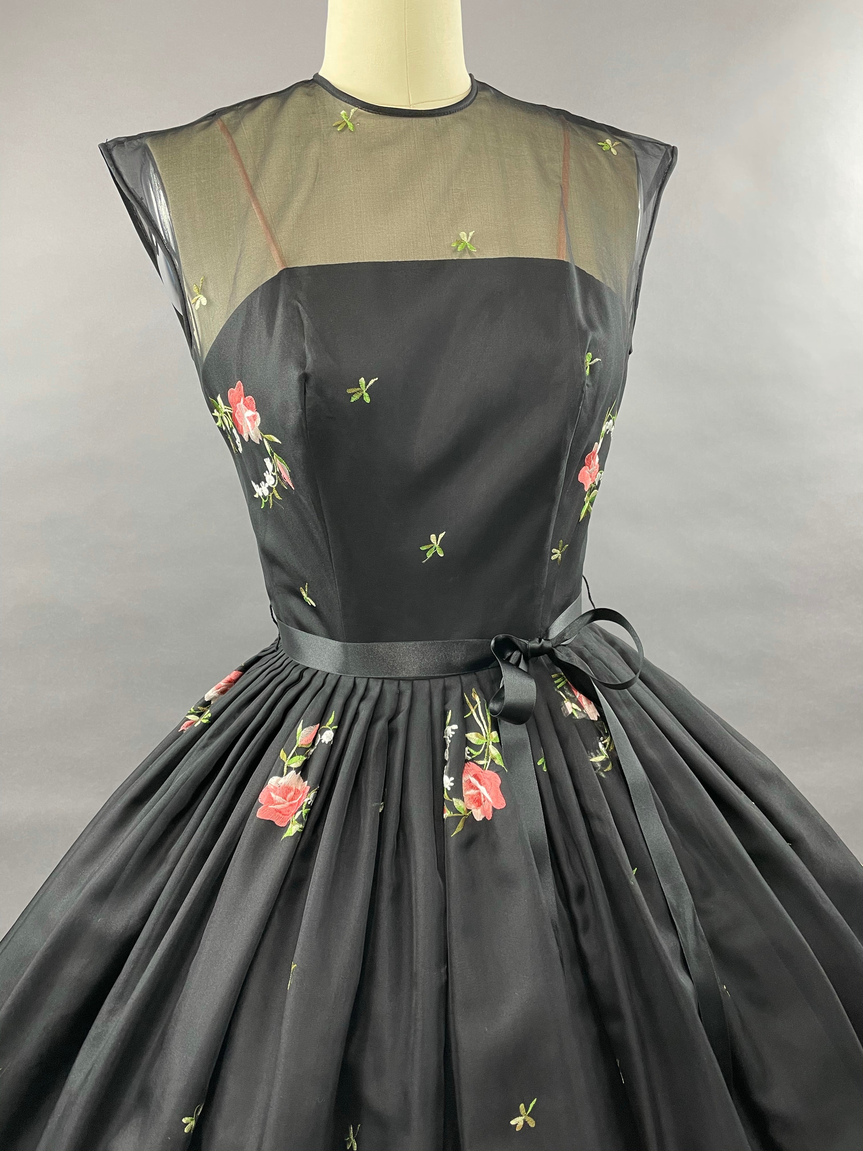 1950s Black Embroidered Suzy Perette Party Dress Size S