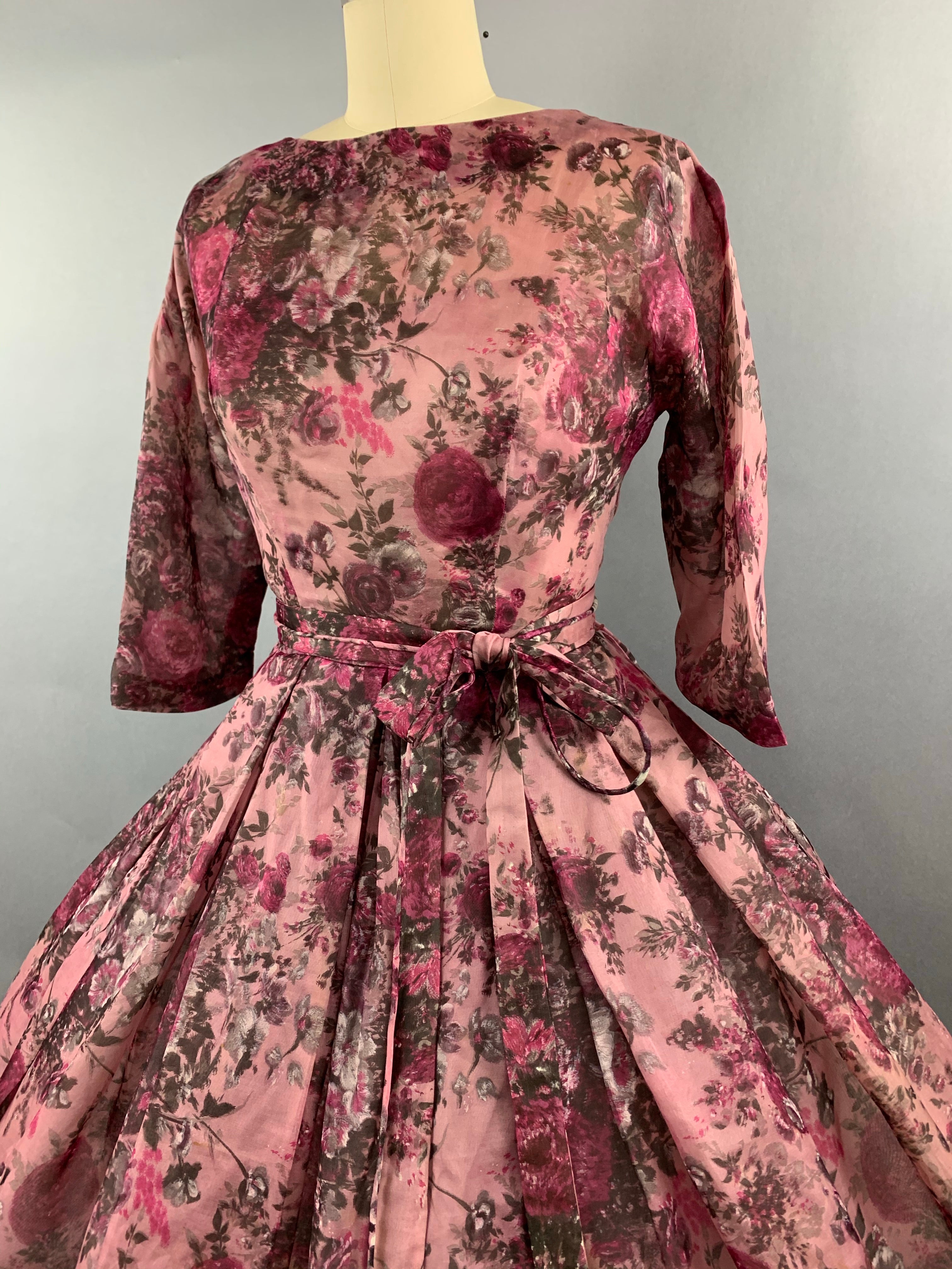 1950s Pink Roses Silk dress by Talmack John Moore New York Size M