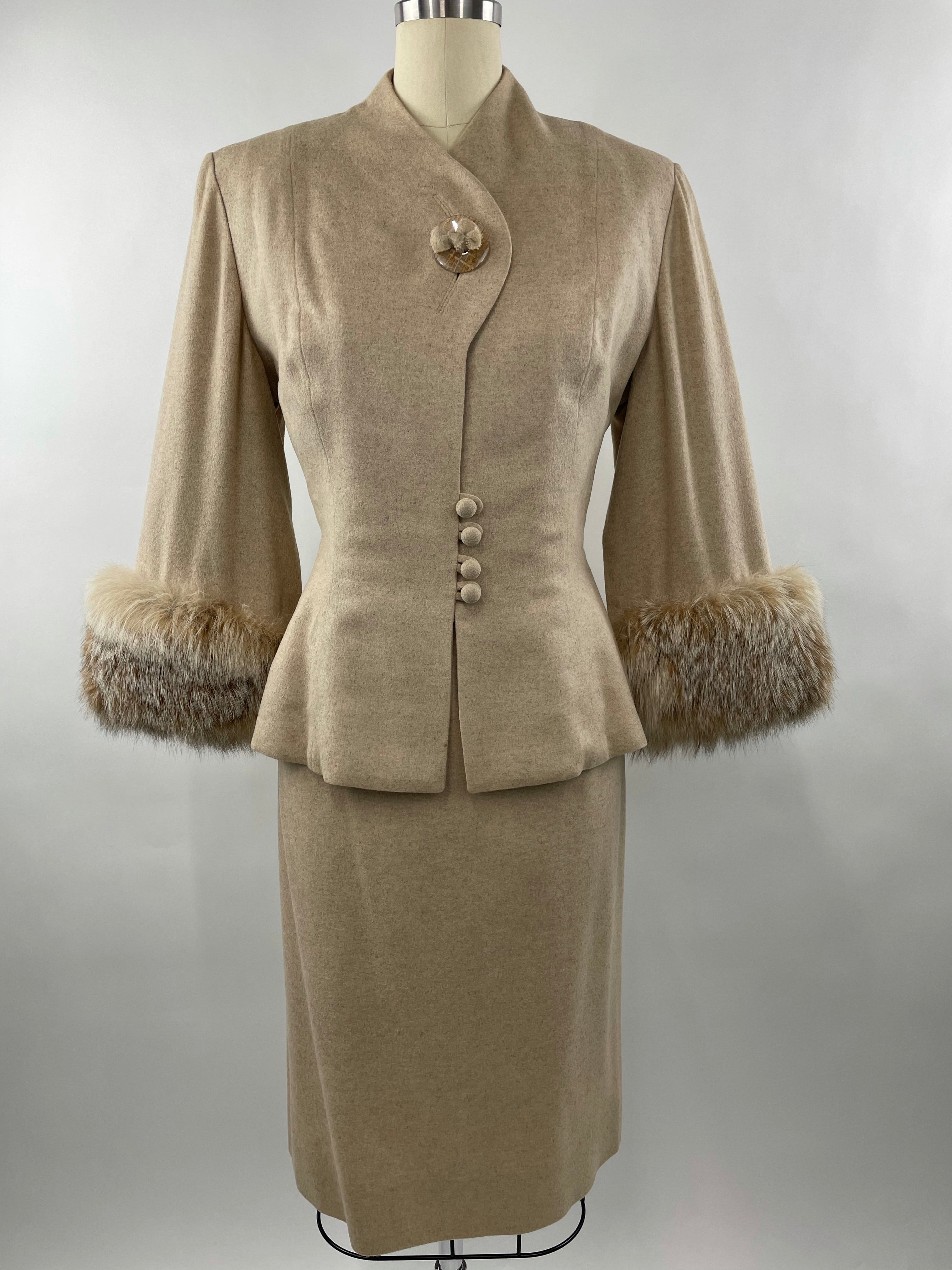 1950s Cream Cashmere & Fox Lilli Ann Cape Suit Size L