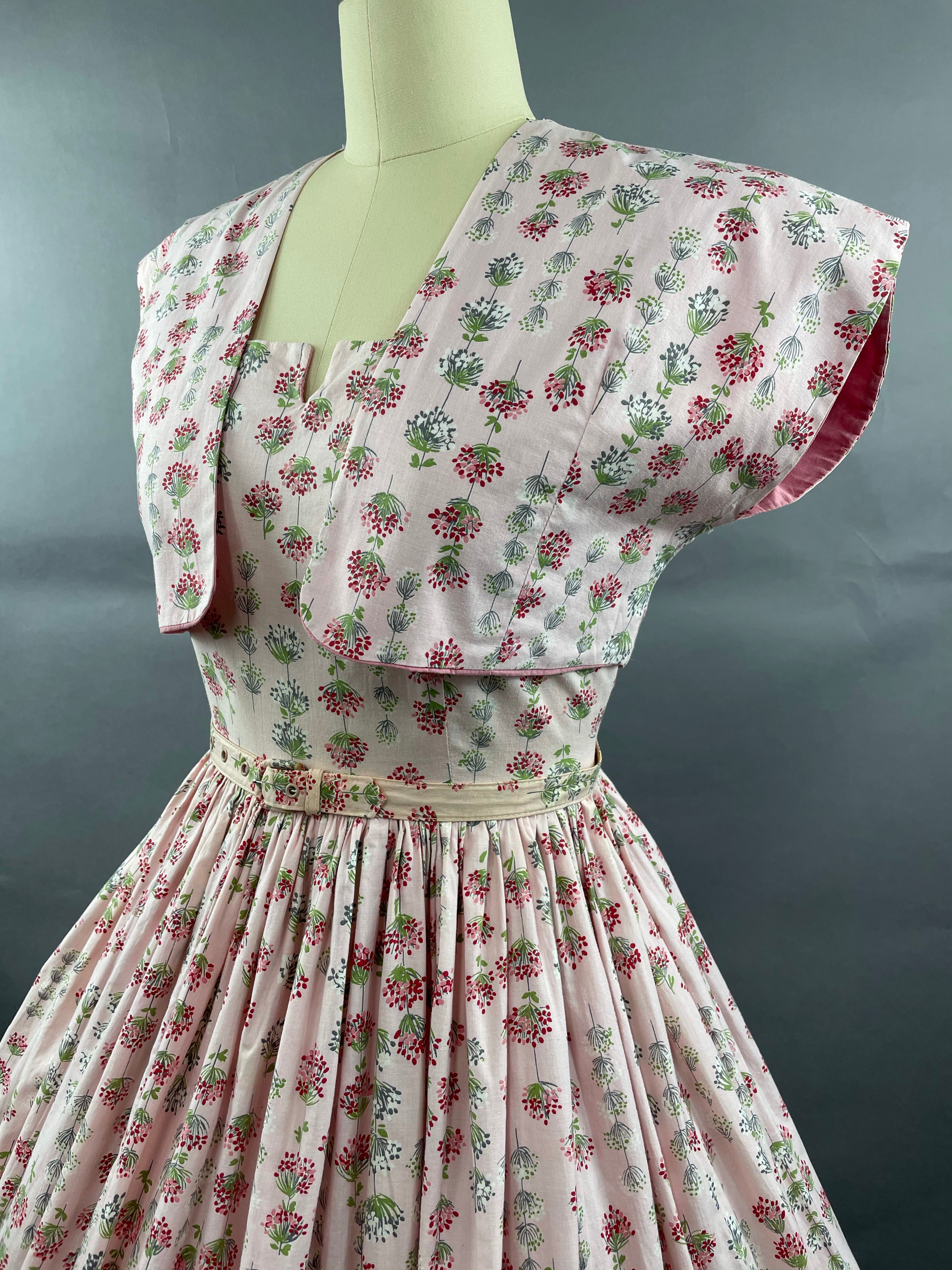 1950s Junior Vogues 3 piece Cotton Dress , Belt and Bolero Size M