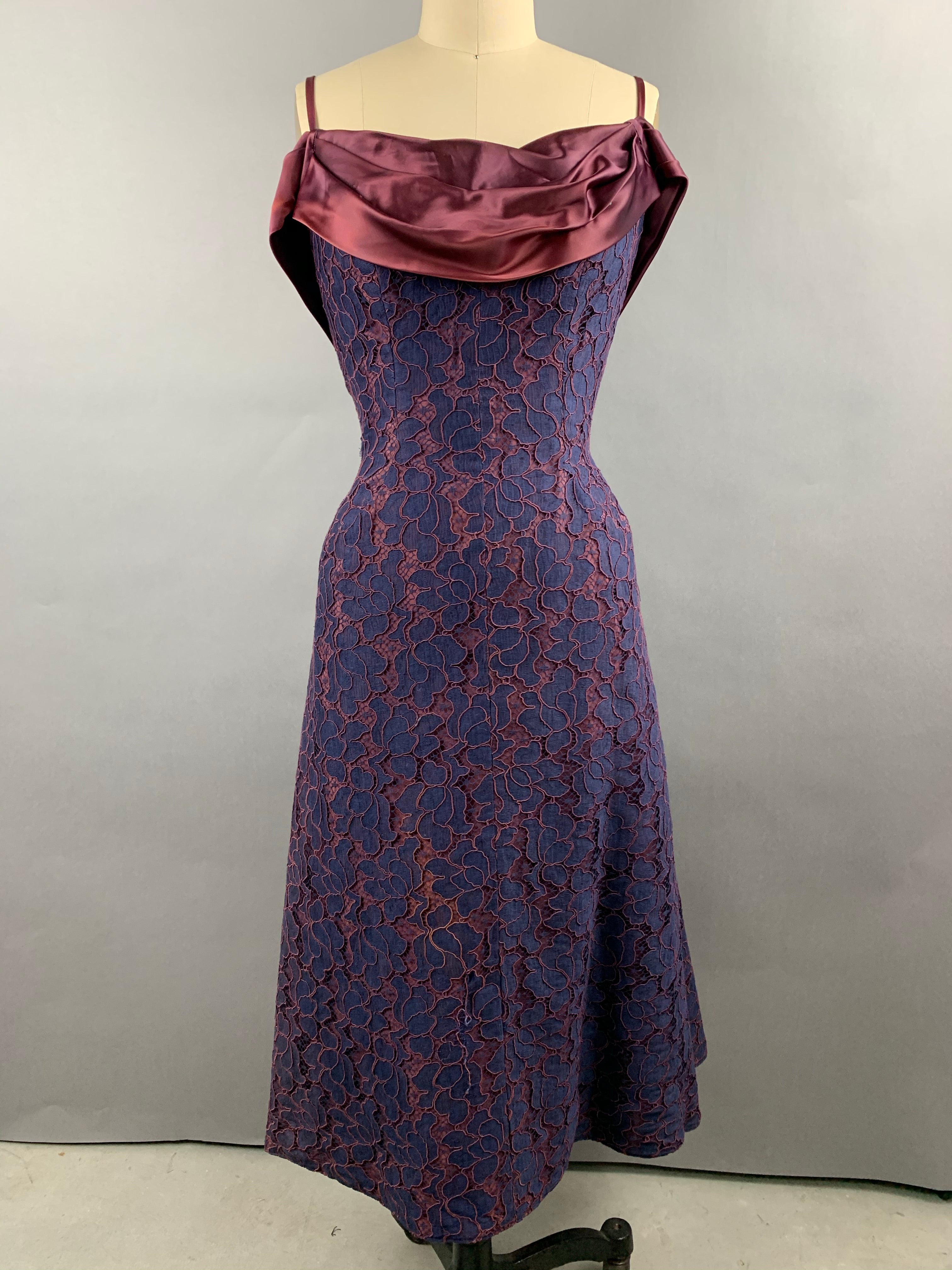 1950s Navy and Burgundy Lace and Satin Party Dress Size M