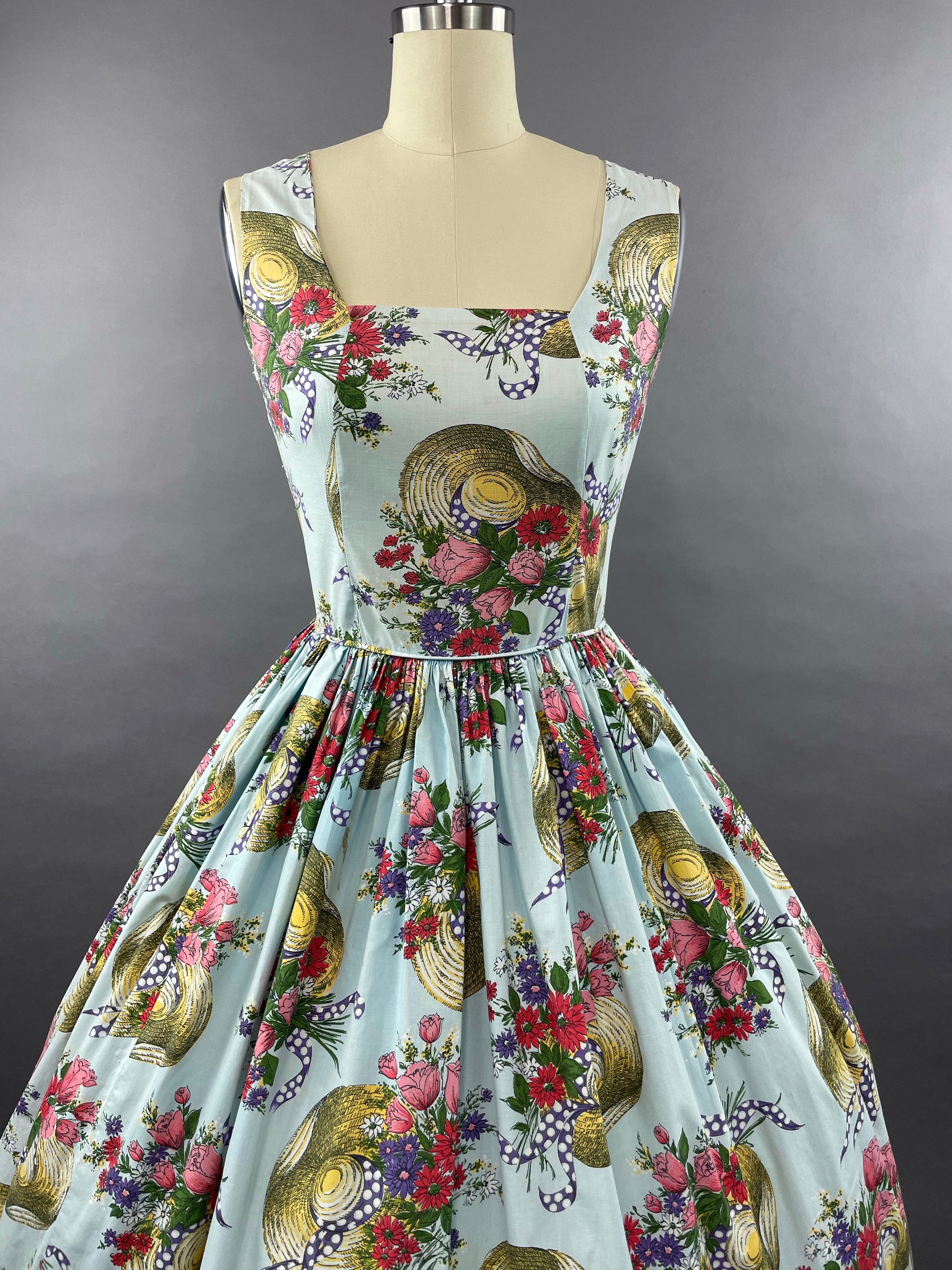 1950s Hats Novelty Print Cotton Dress Size M