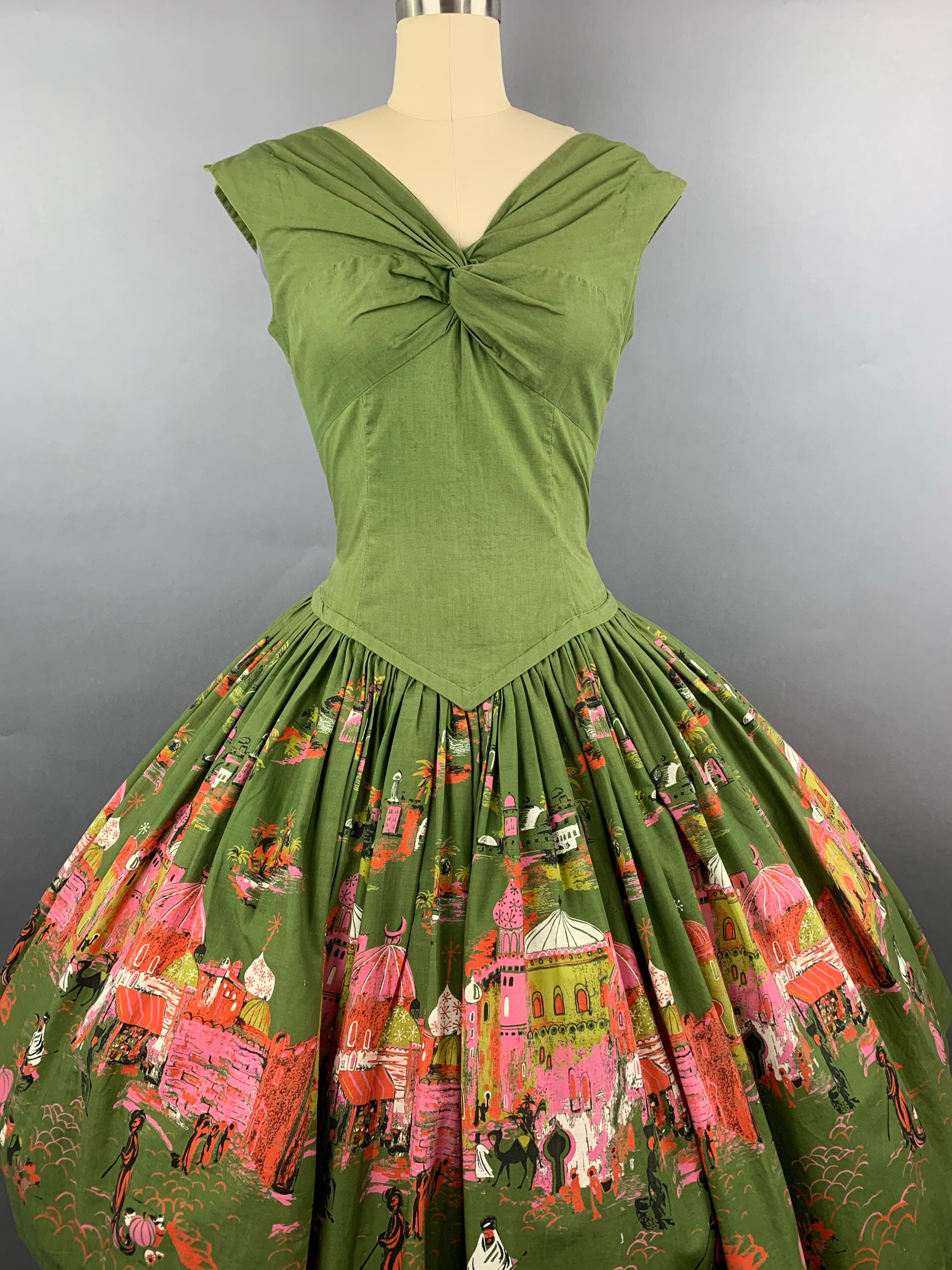 1950s Green Casbah Cotton Dress Size M