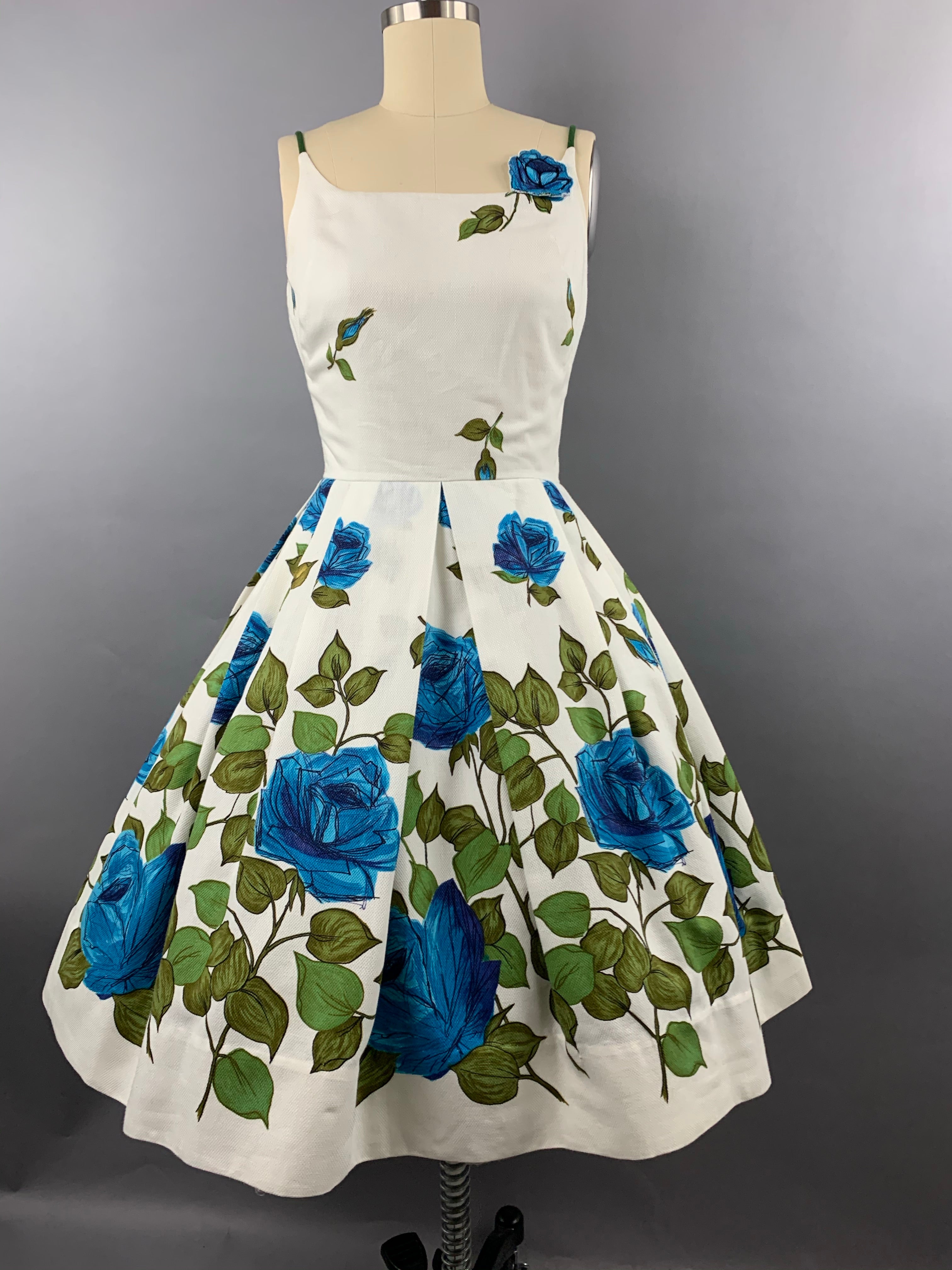 1950s “Co Jr” Blue Roses Fruit of the Loom Border Print Cotton Pique Dress Size XS