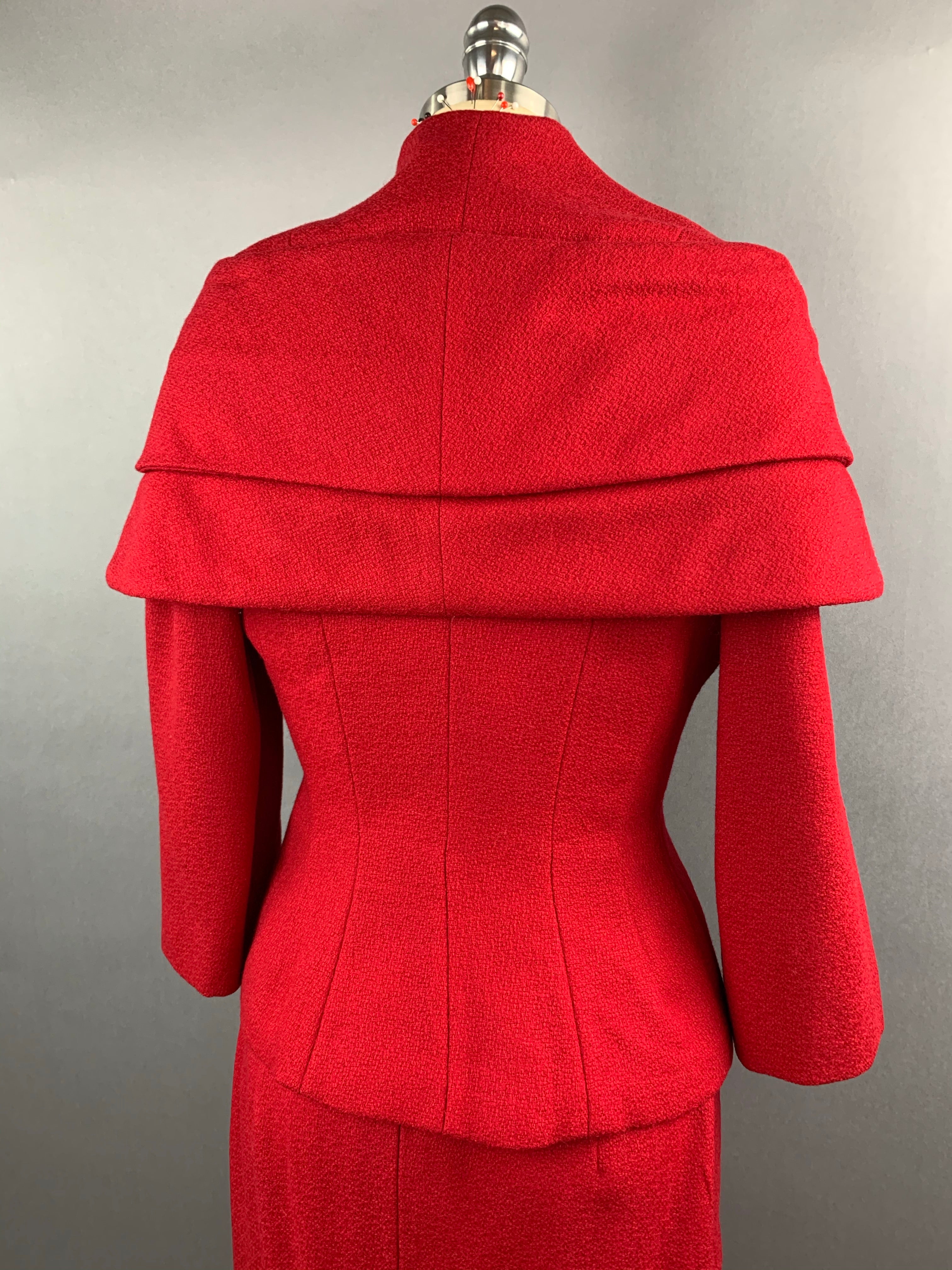 1950s Lilli Ann Red Wool Suit with Black Fox Collar Size S