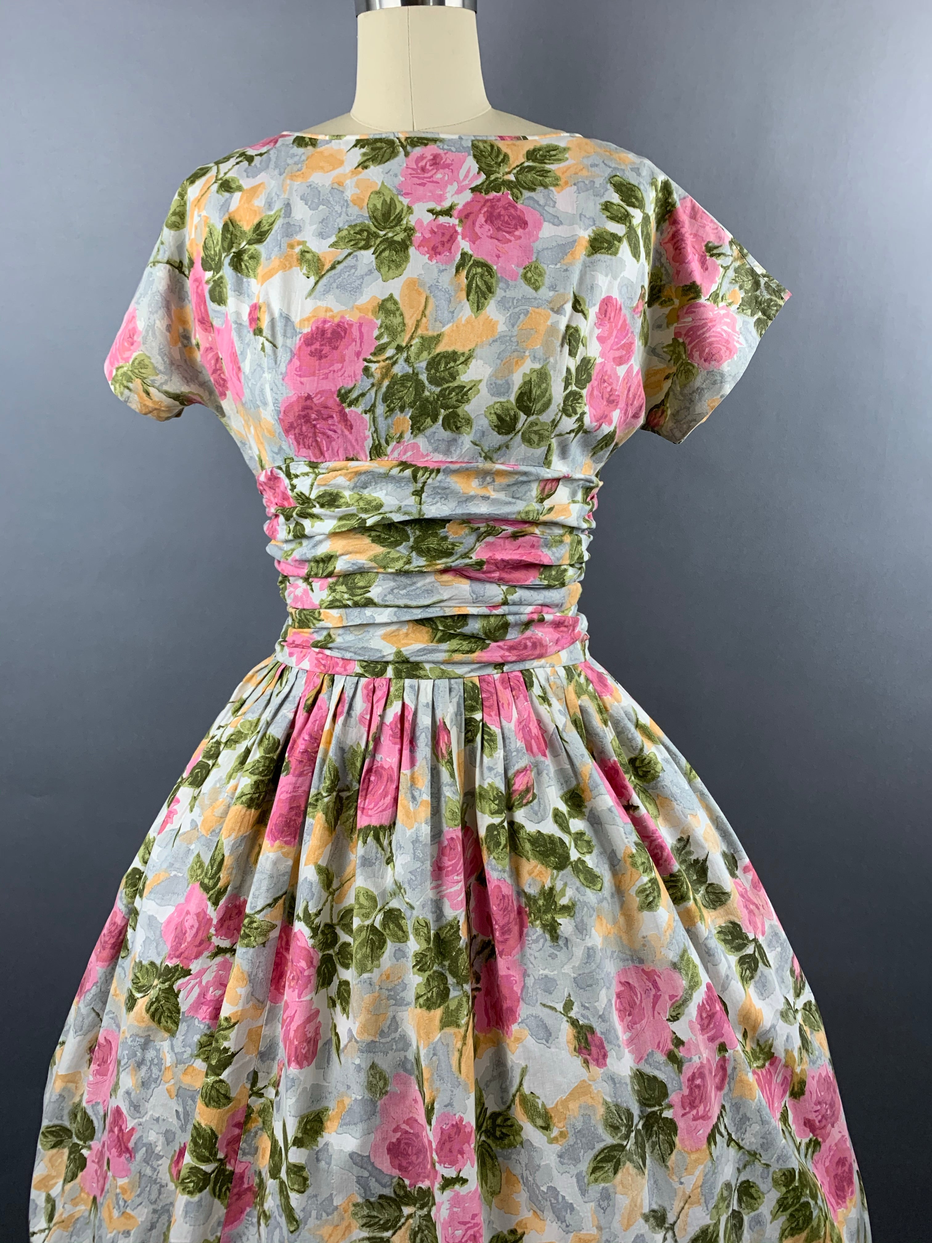 1950s Pink Roses Cotton Floral Dress Size M