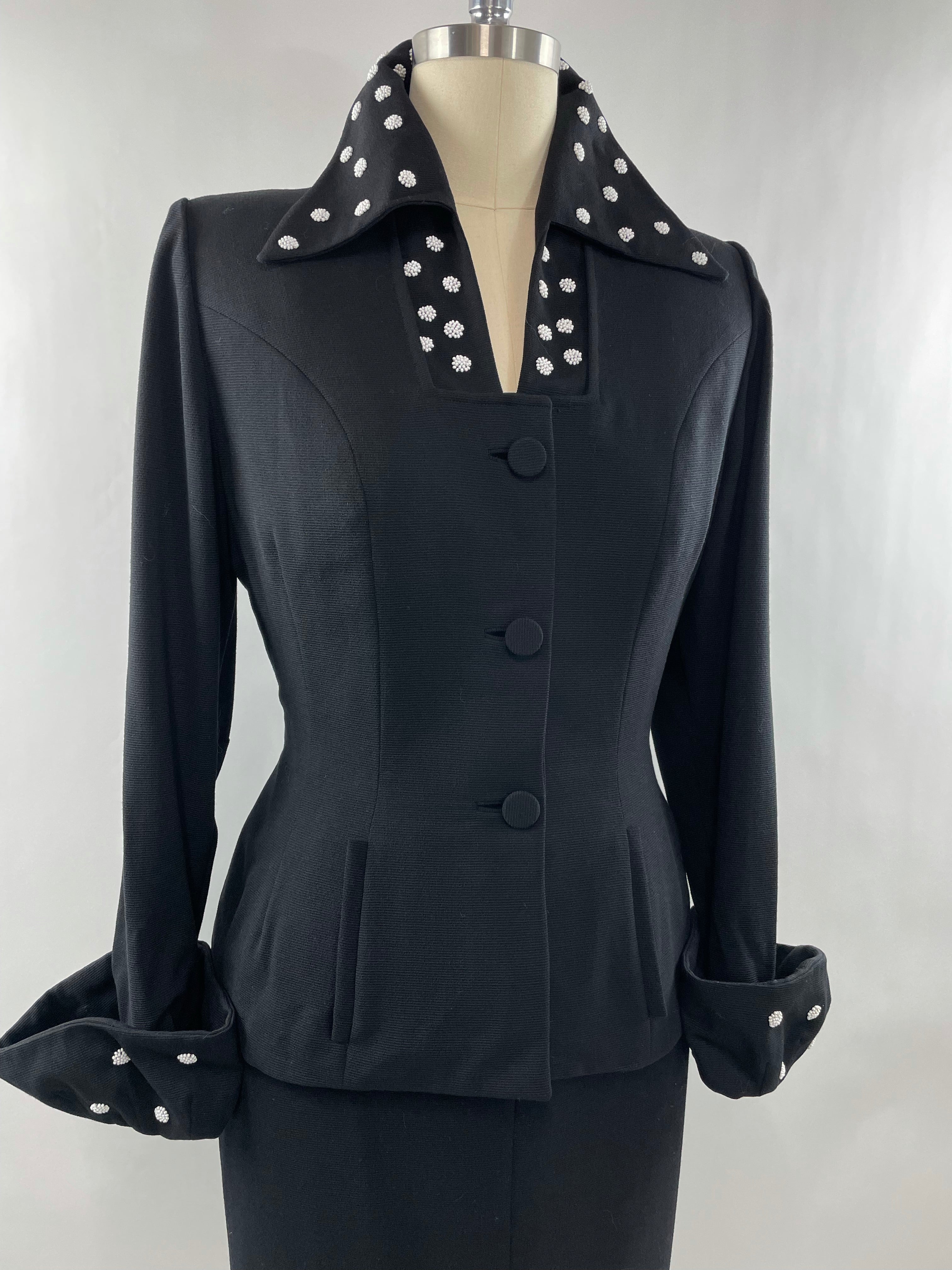 1950s Black Lilli Ann Skirt Suit with White Beading Size XL