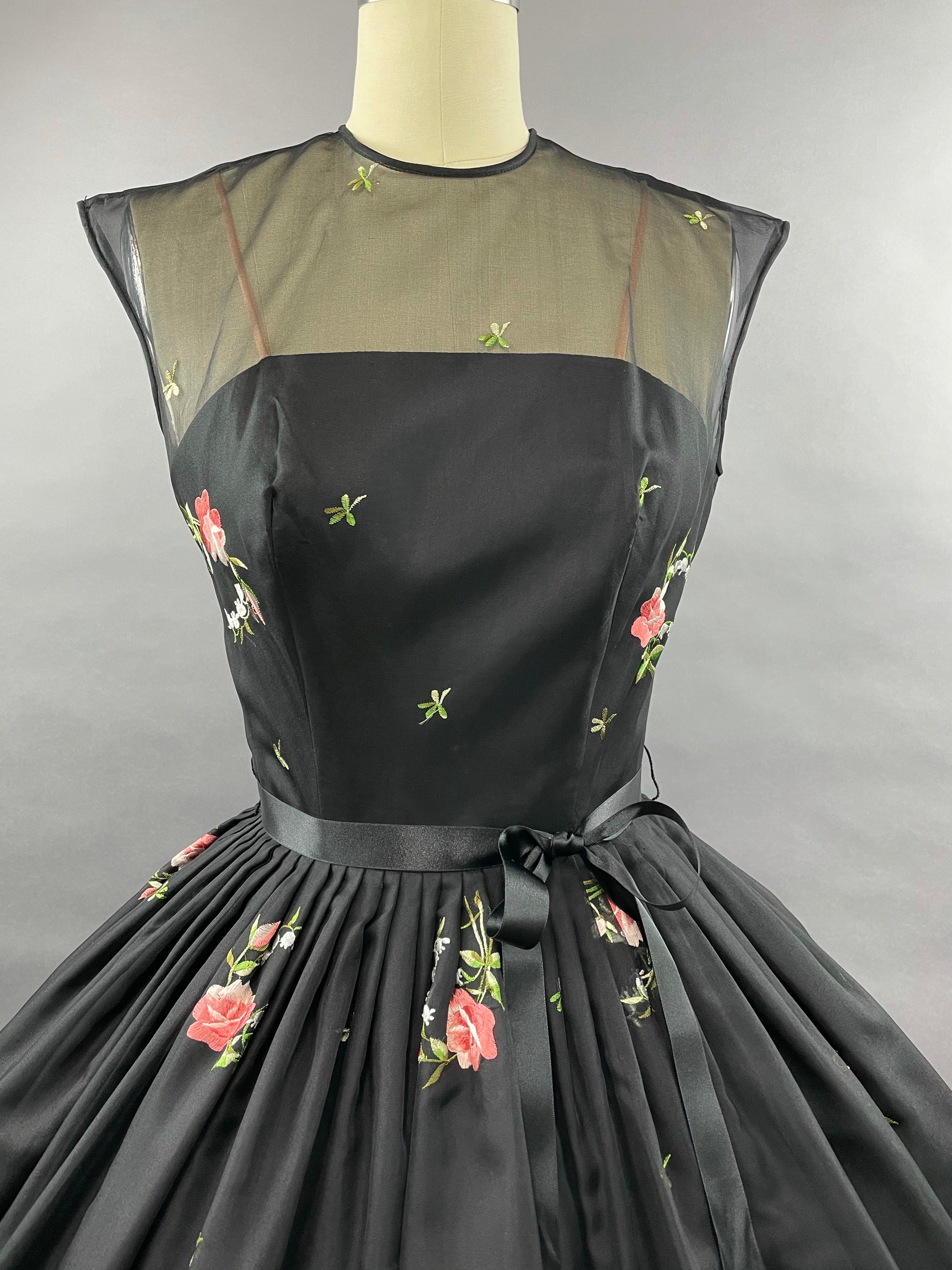 1950s Black Embroidered Suzy Perette Party Dress Size S