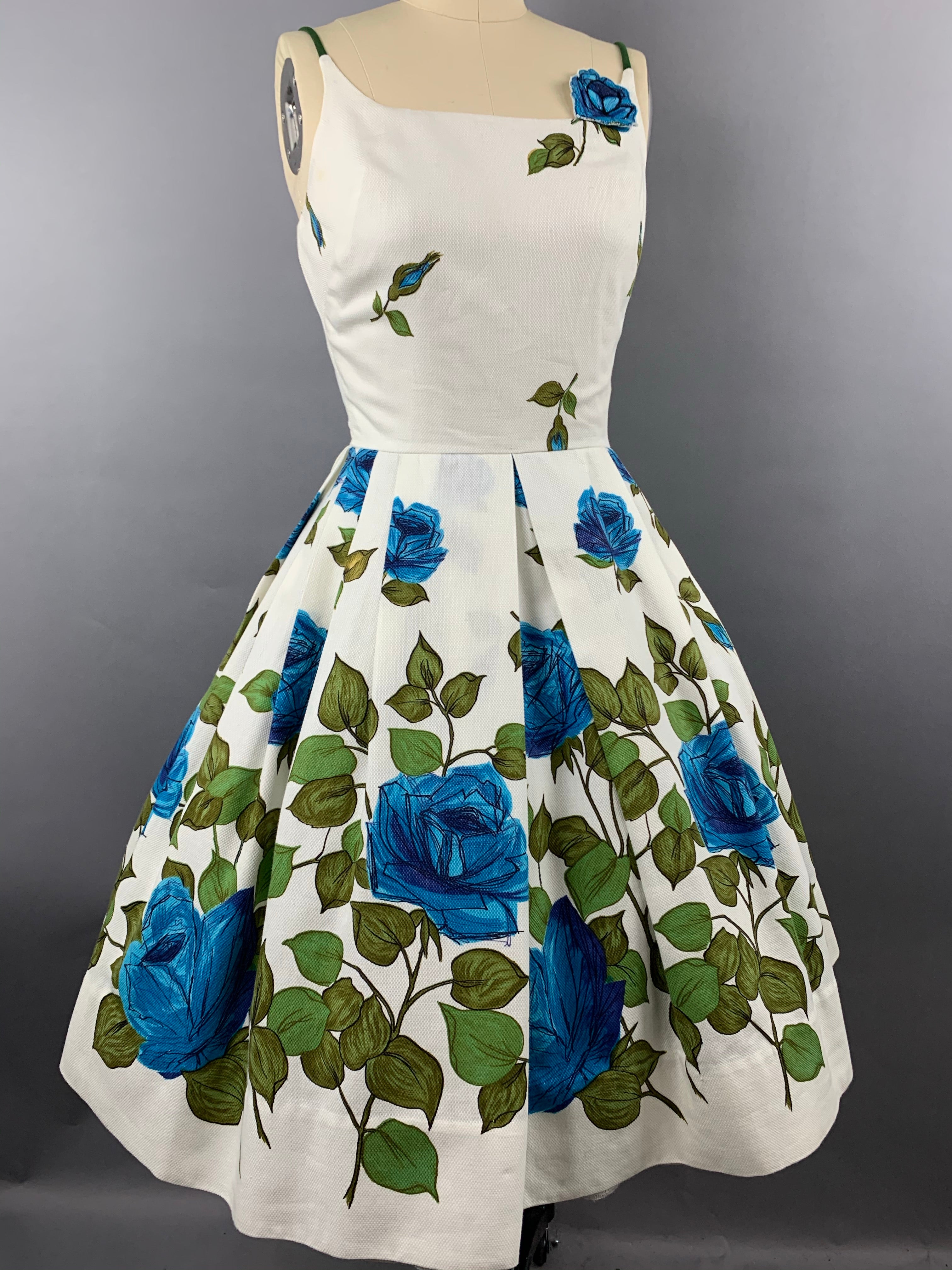 1950s “Co Jr” Blue Roses Fruit of the Loom Border Print Cotton Pique Dress Size XS