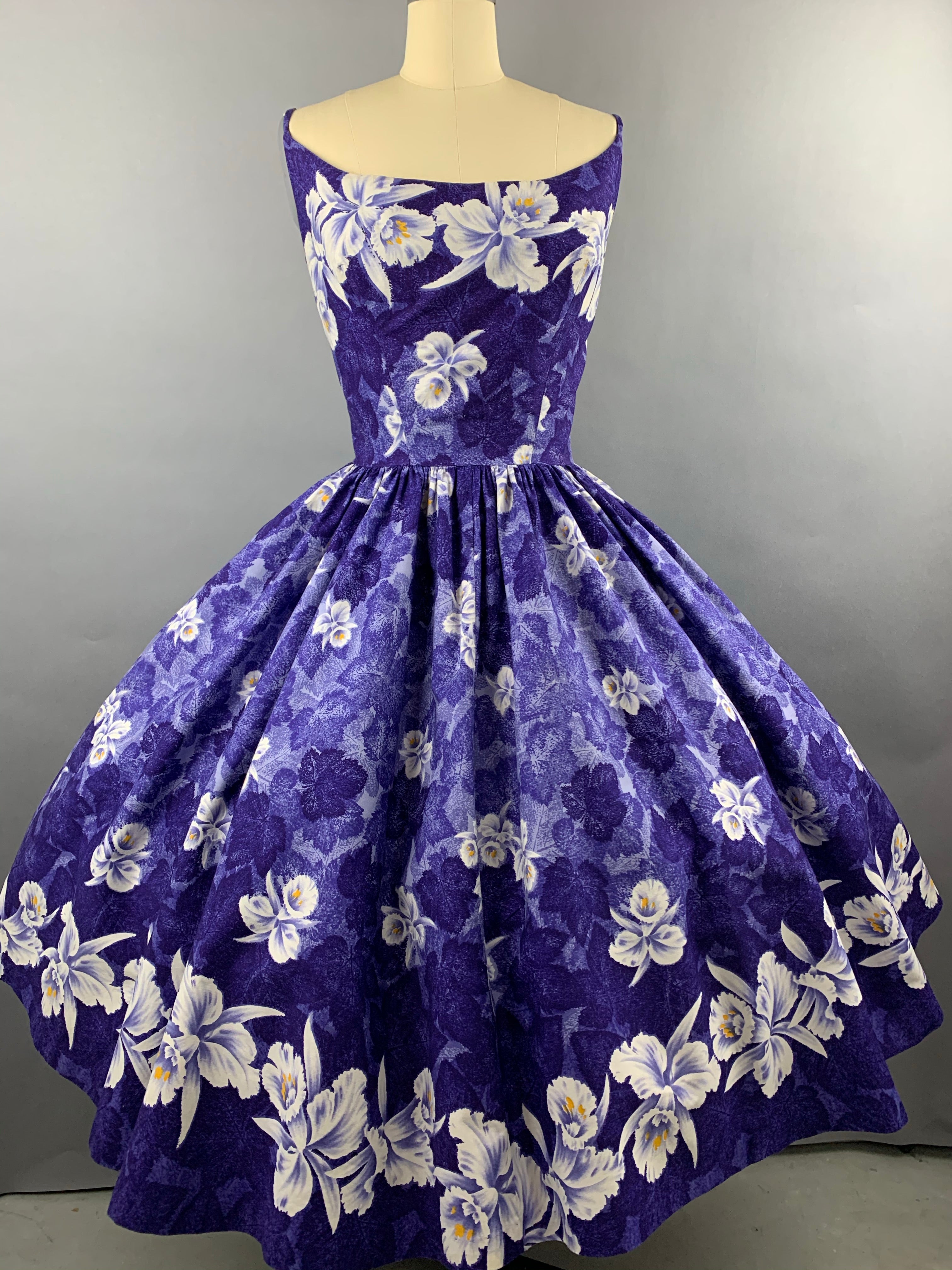 1950s Kamehameha Blue-Purple Orchid Cotton Hawaiian Dress Size M