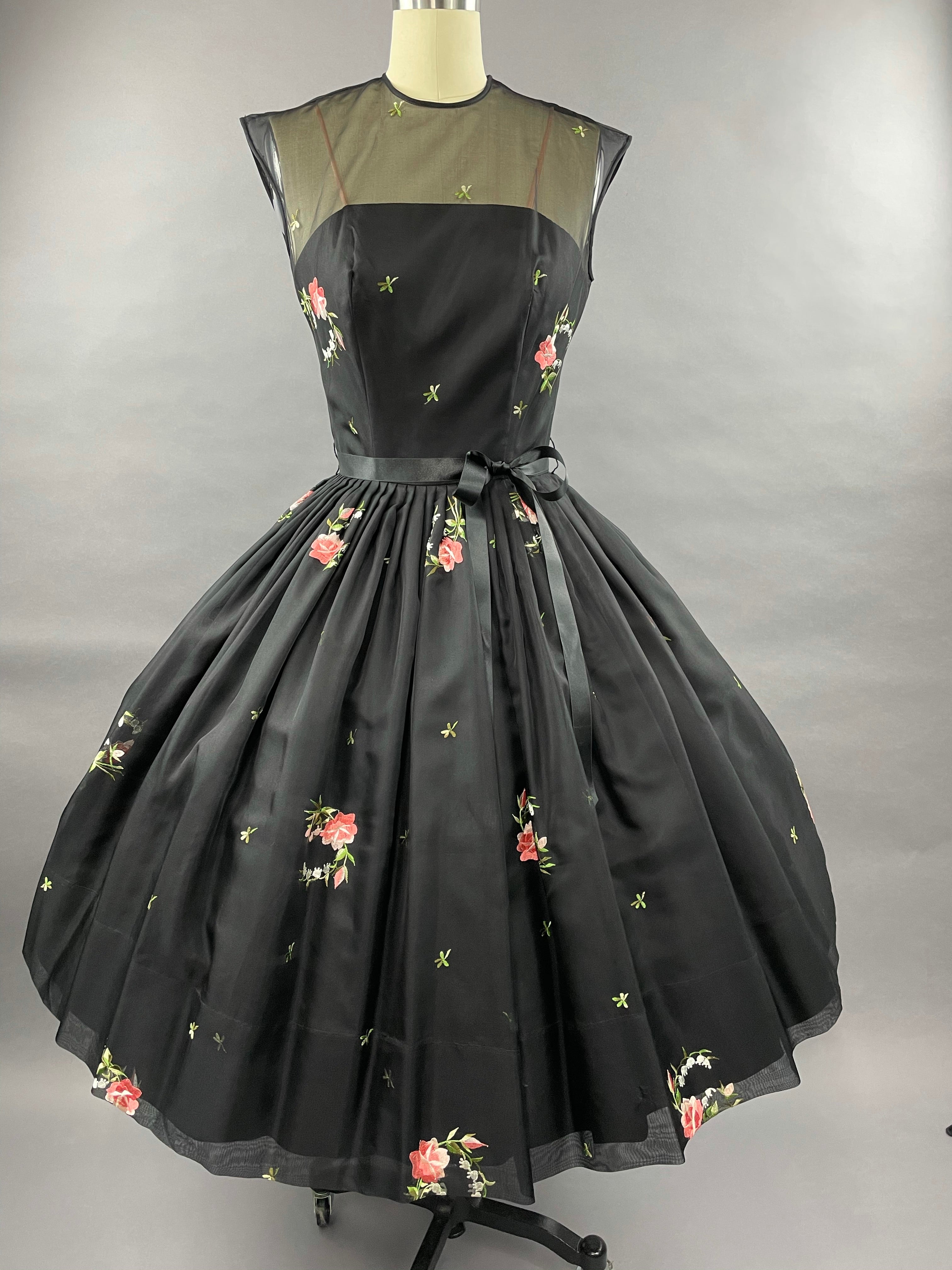 1950s Black Embroidered Suzy Perette Party Dress Size S