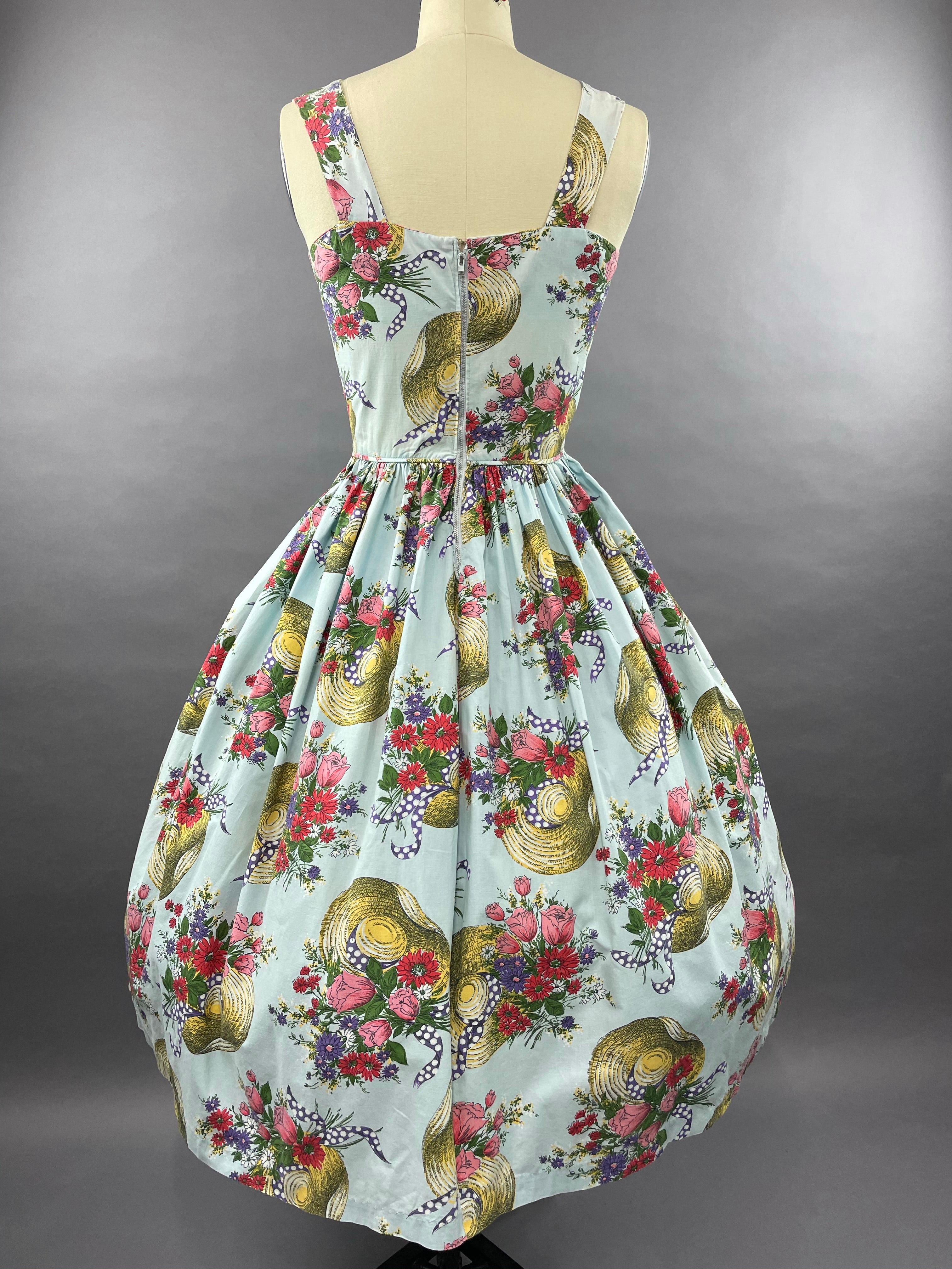 1950s Hats Novelty Print Cotton Dress Size M