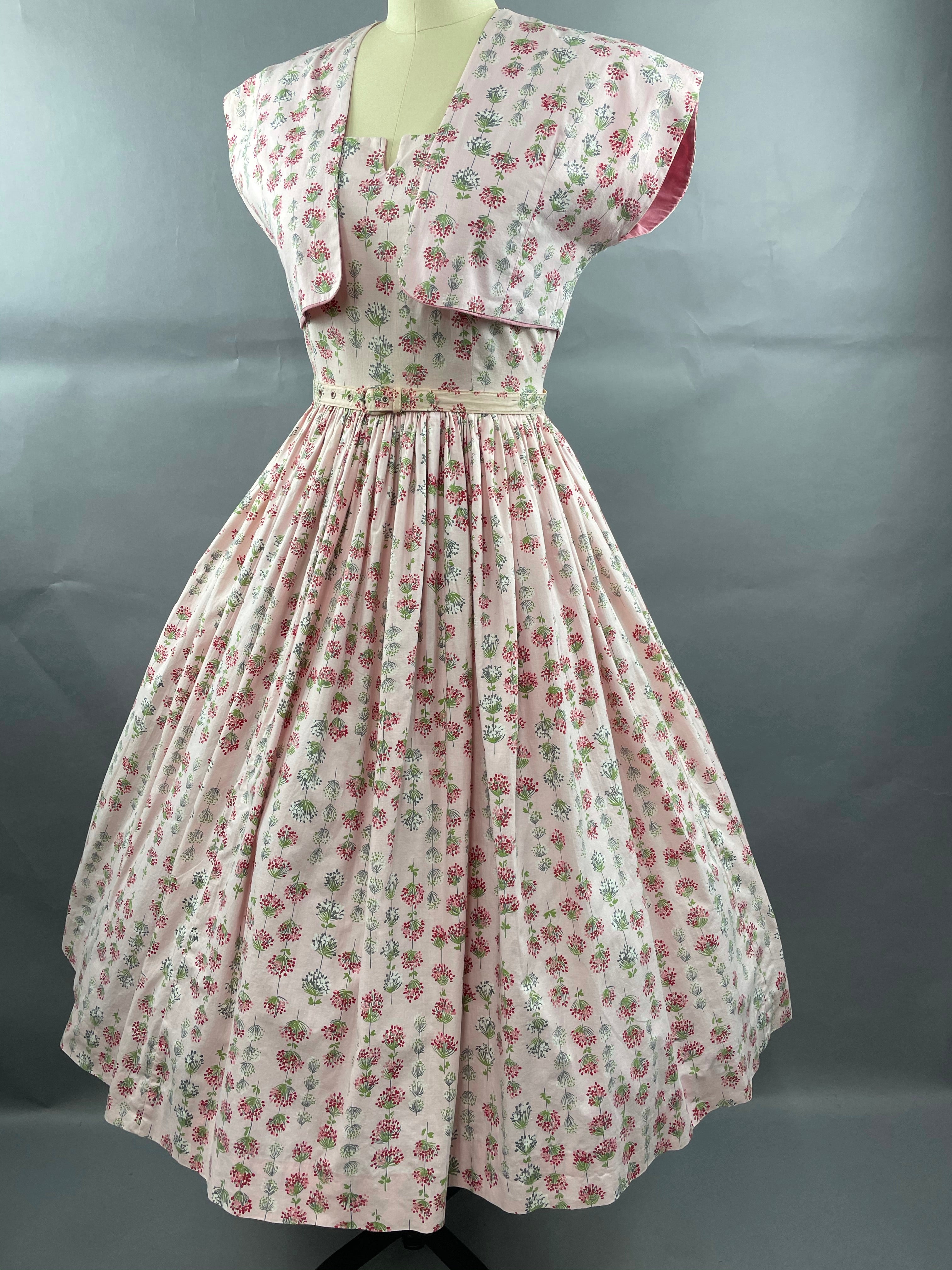 1950s Junior Vogues 3 piece Cotton Dress , Belt and Bolero Size M