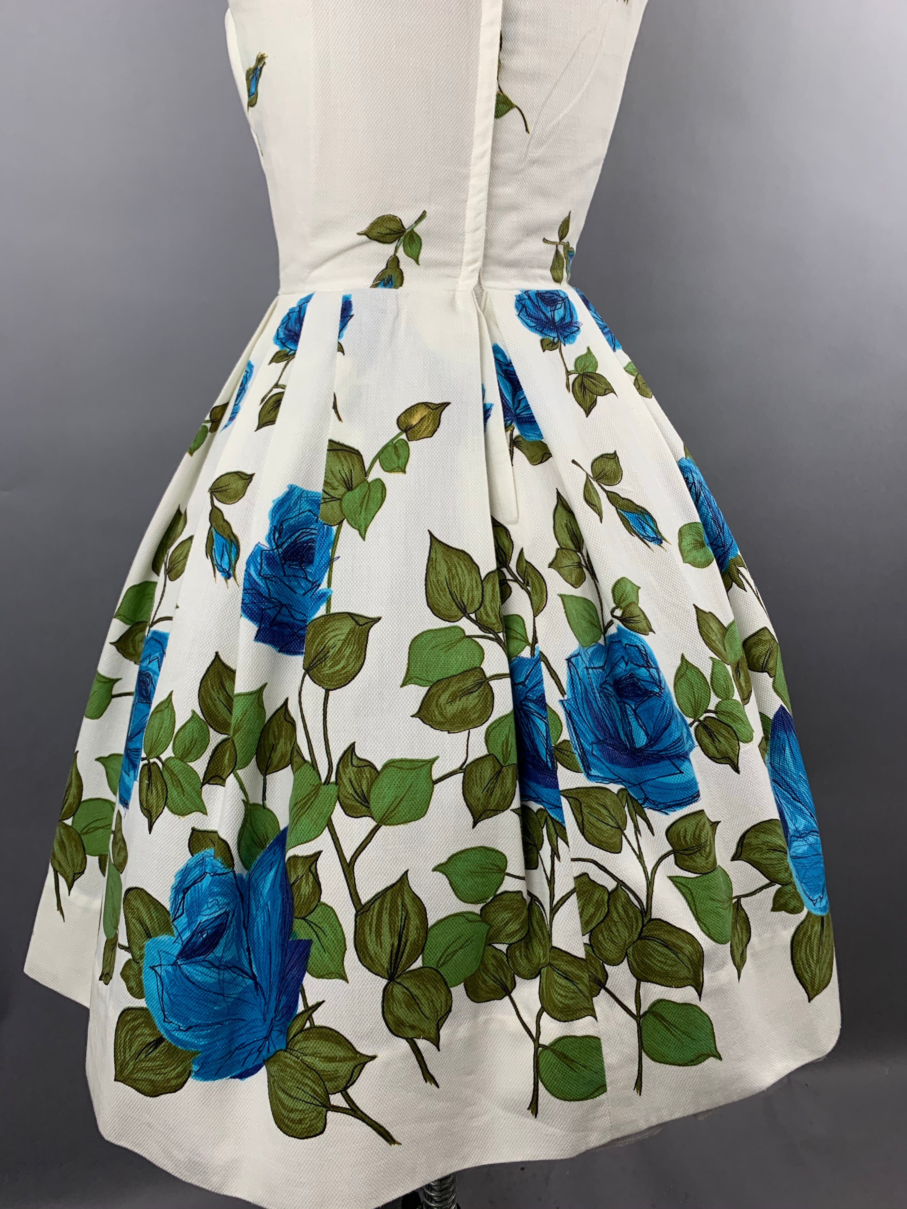 1950s “Co Jr” Blue Roses Fruit of the Loom Border Print Cotton Pique Dress Size XS