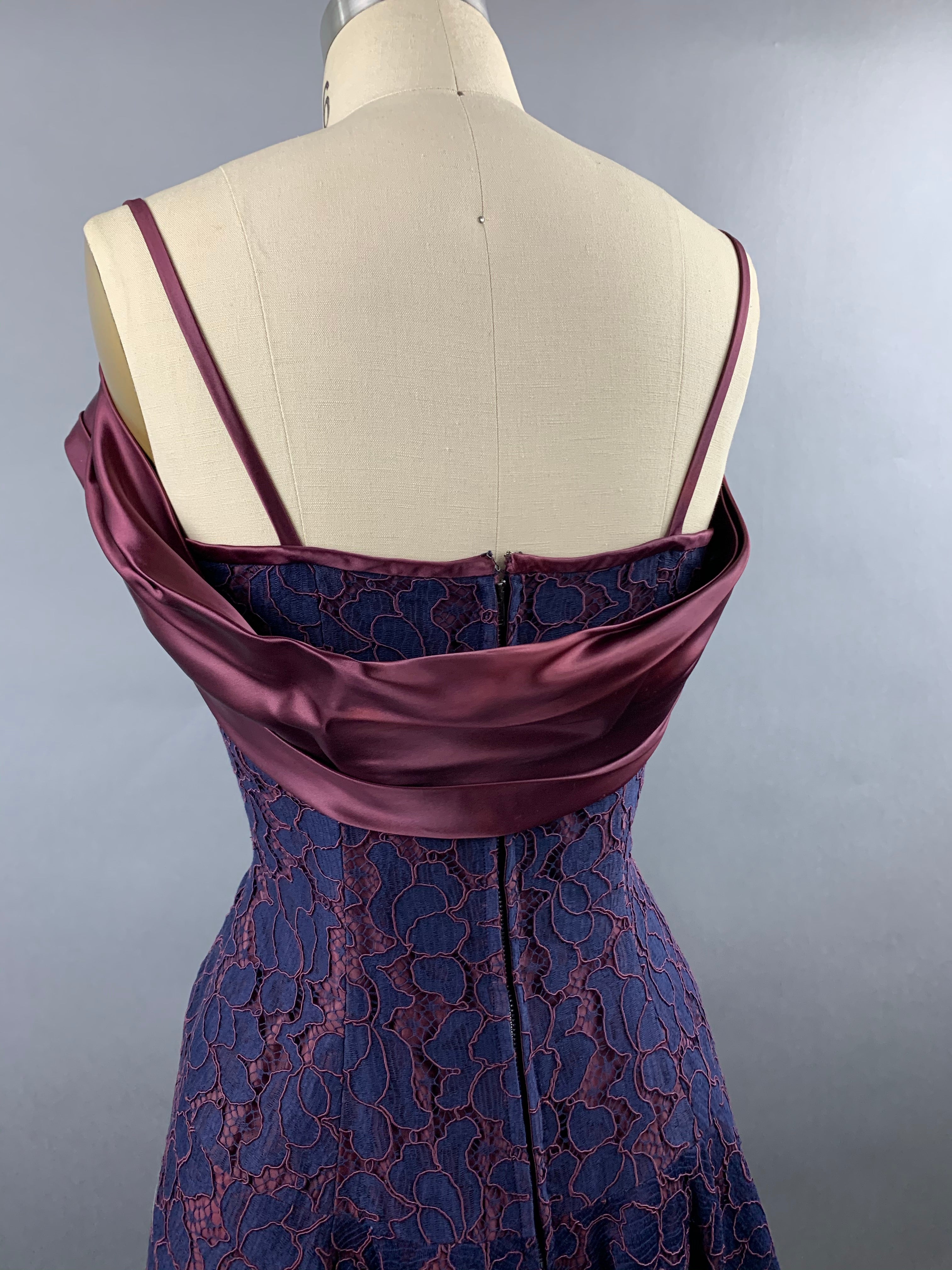 1950s Navy and Burgundy Lace and Satin Party Dress Size M