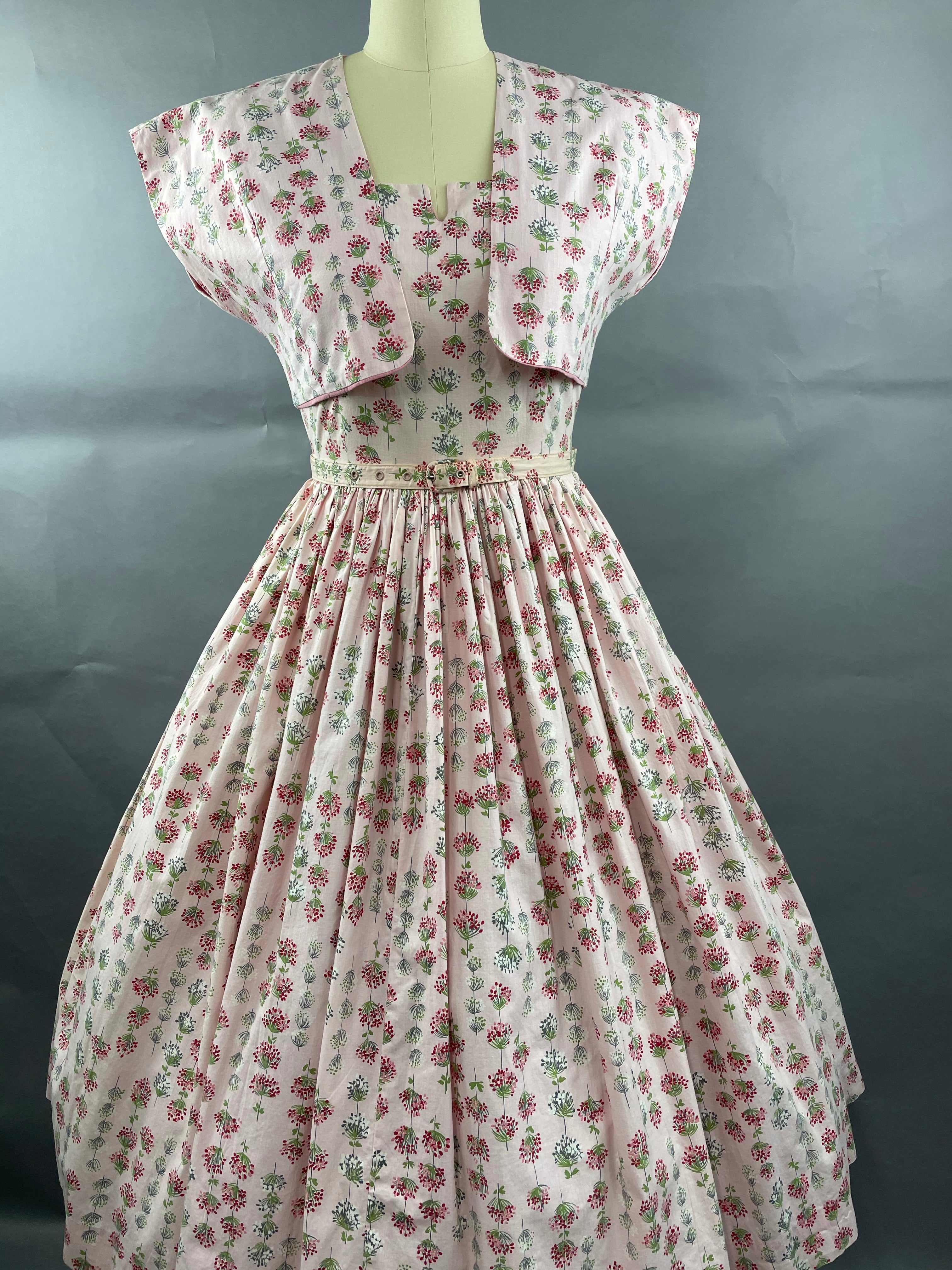 1950s Junior Vogues 3 piece Cotton Dress , Belt and Bolero Size M