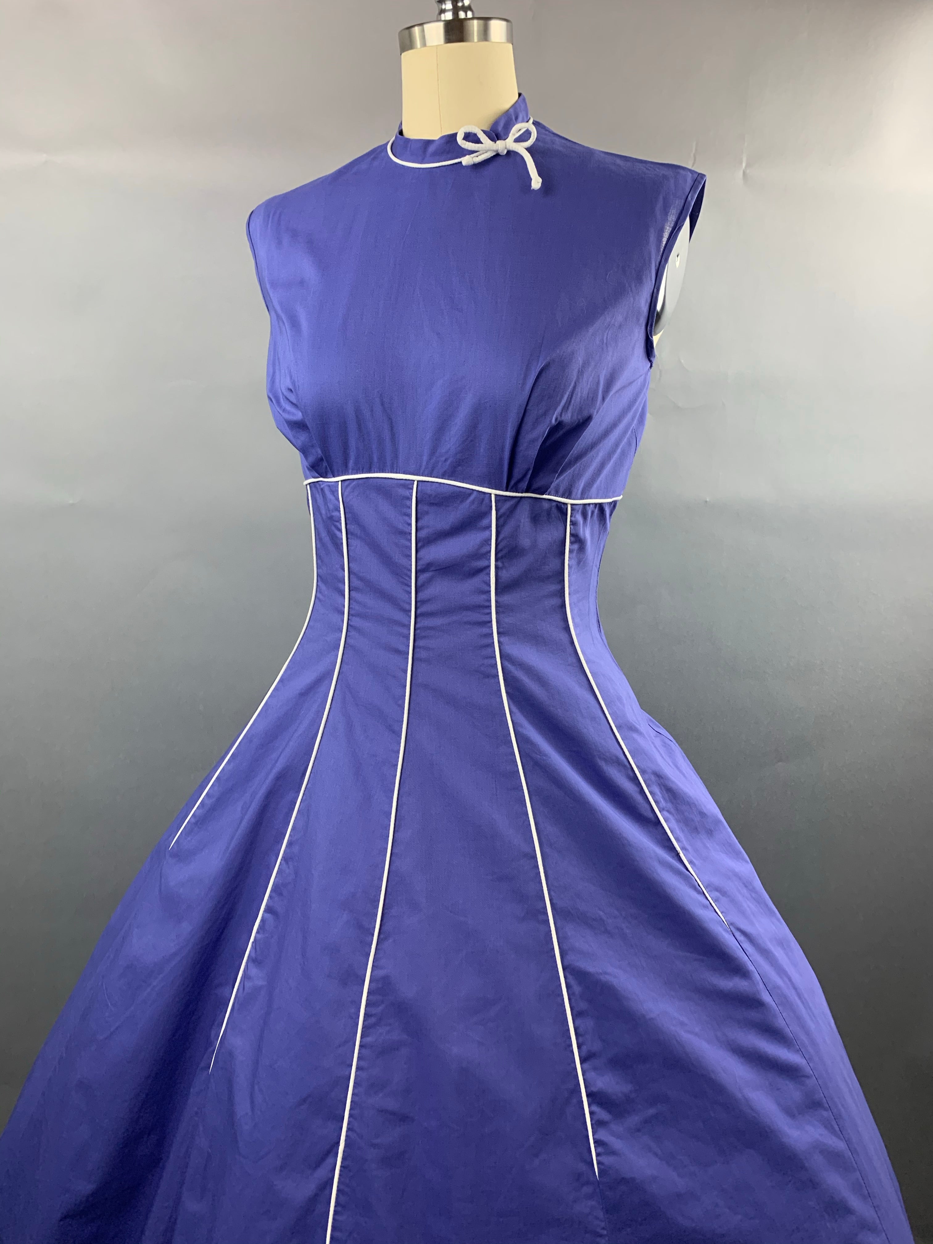 1950s Indigo Violet Blue Cotton Dress with White Piping Size S