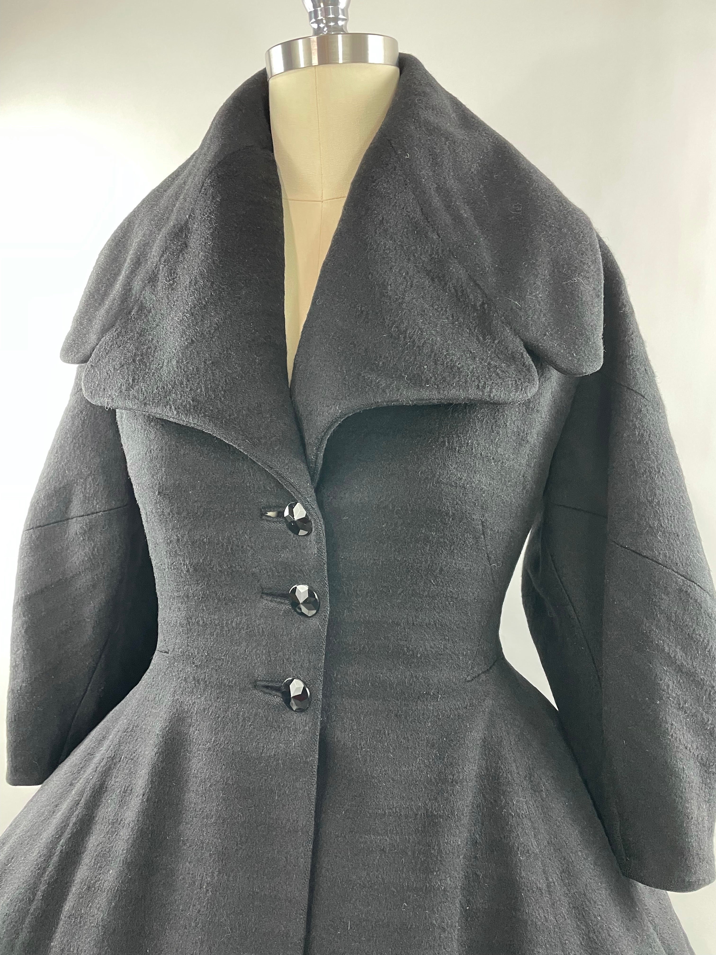 1950s Black Wool Lilli Ann Princess Coat with Exaggerated Collar and Sleeves Size L