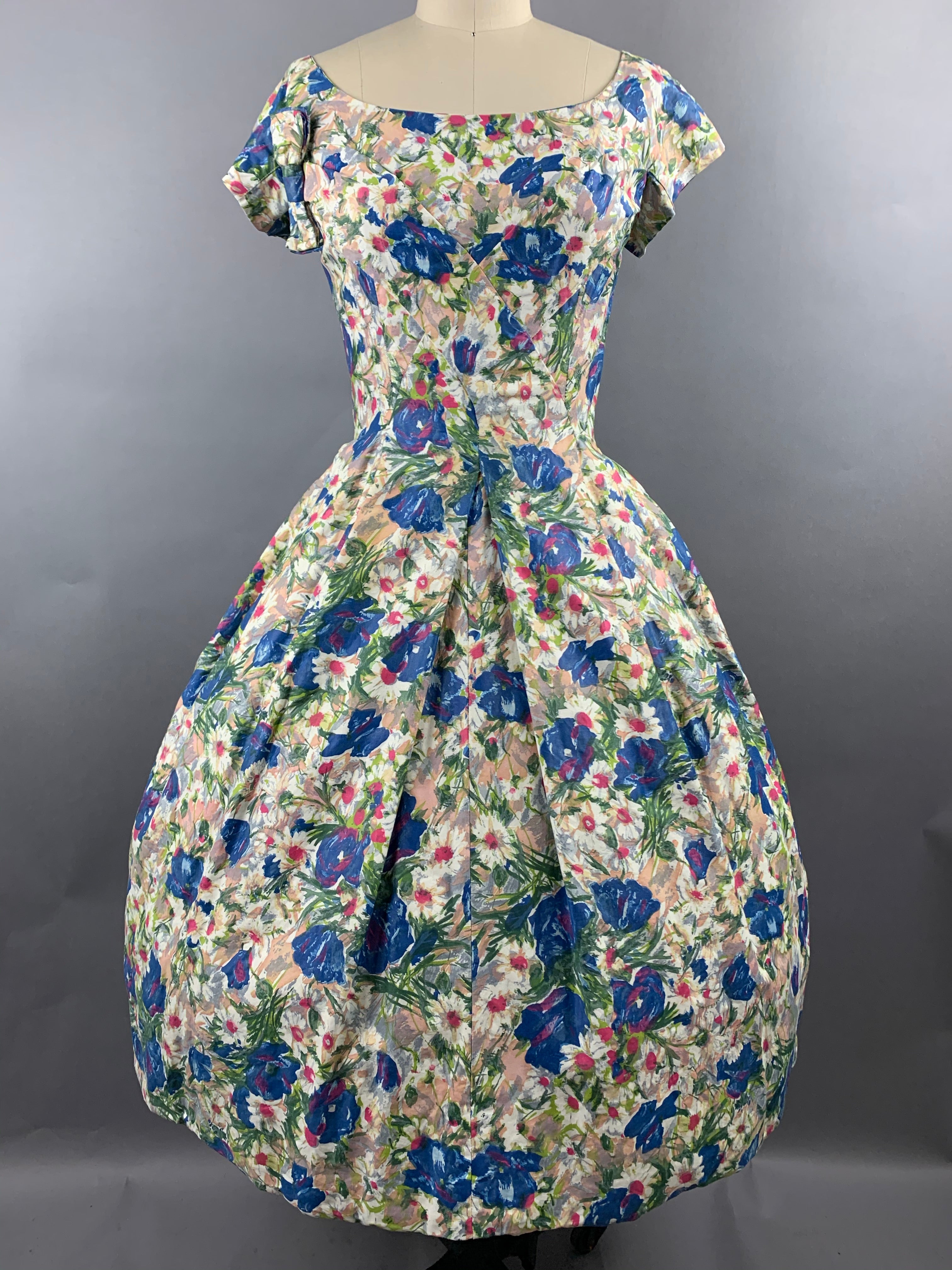 1950s Suzy Perette Blue Floral Polished Cotton Dress Size M