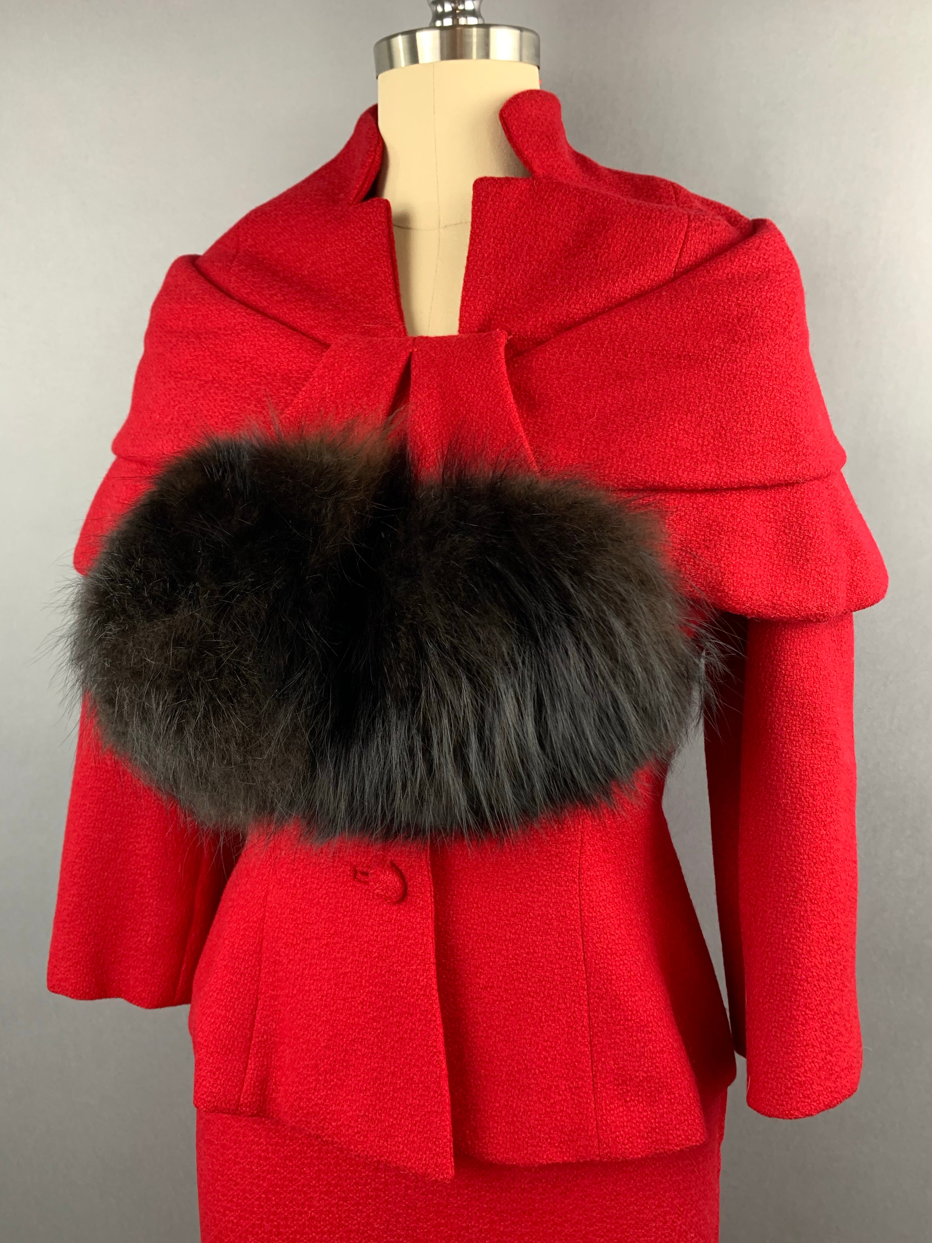 1950s Lilli Ann Red Wool Suit with Black Fox Collar Size S