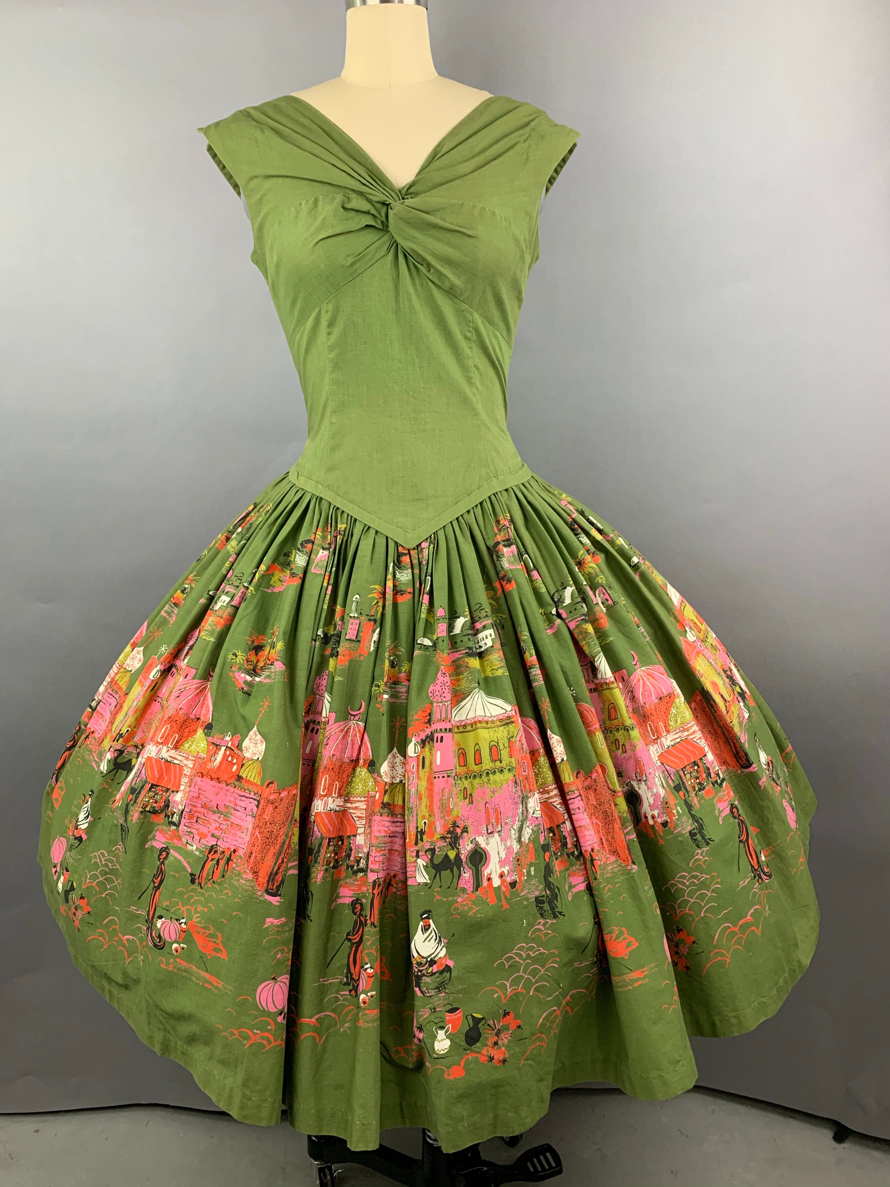 1950s Green Casbah Cotton Dress Size M