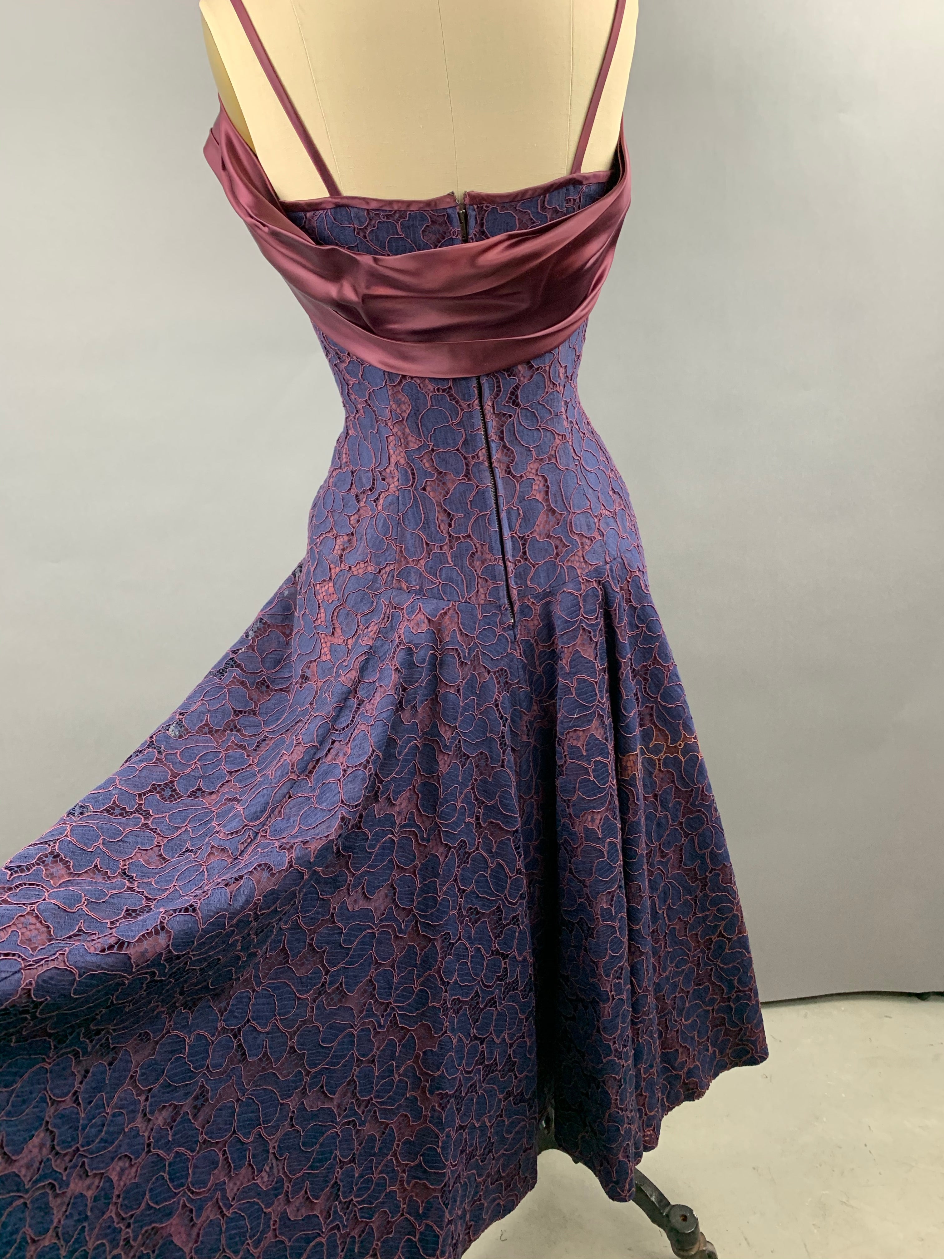 1950s Navy and Burgundy Lace and Satin Party Dress Size M