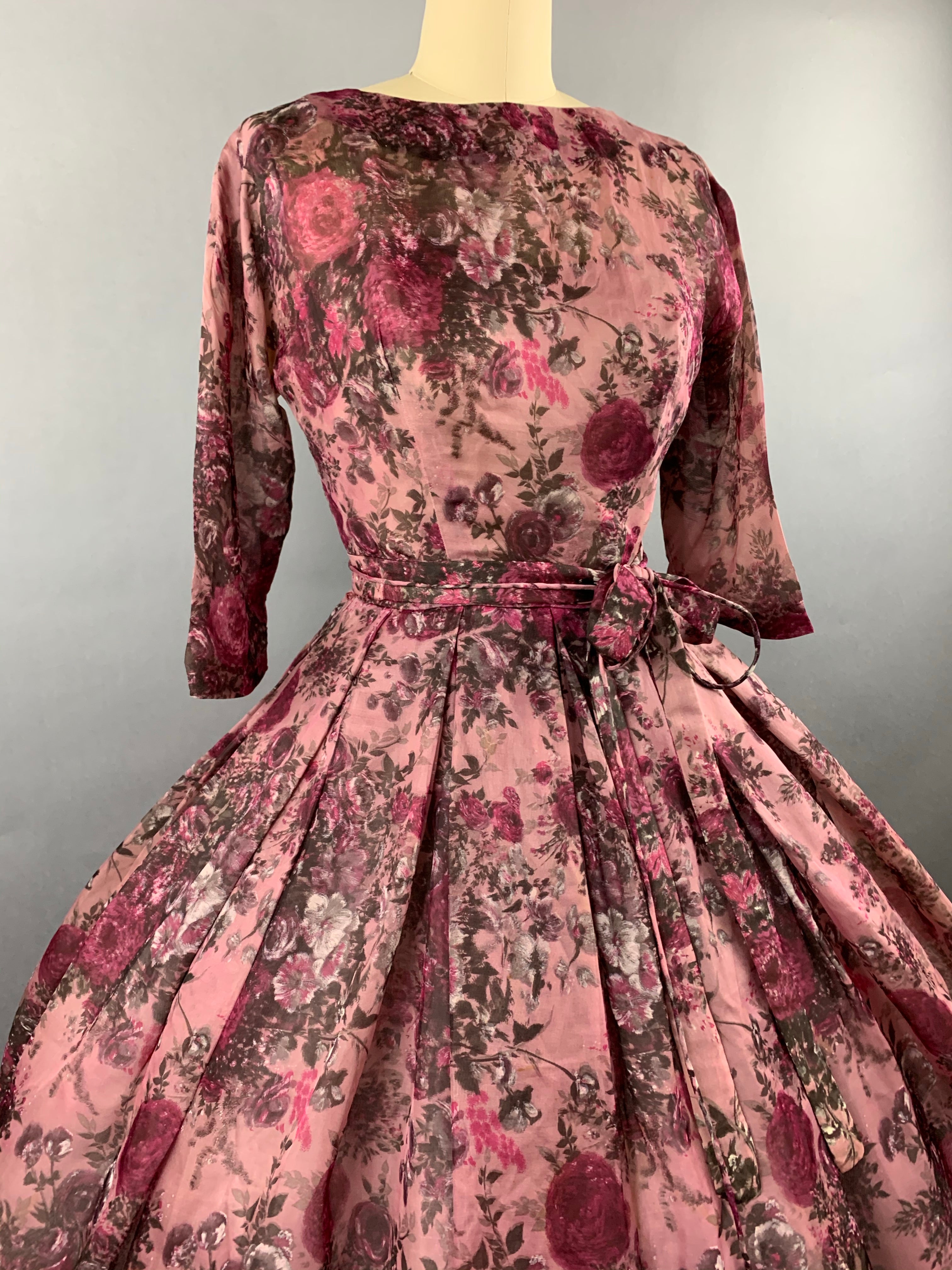 1950s Pink Roses Silk dress by Talmack John Moore New York Size M