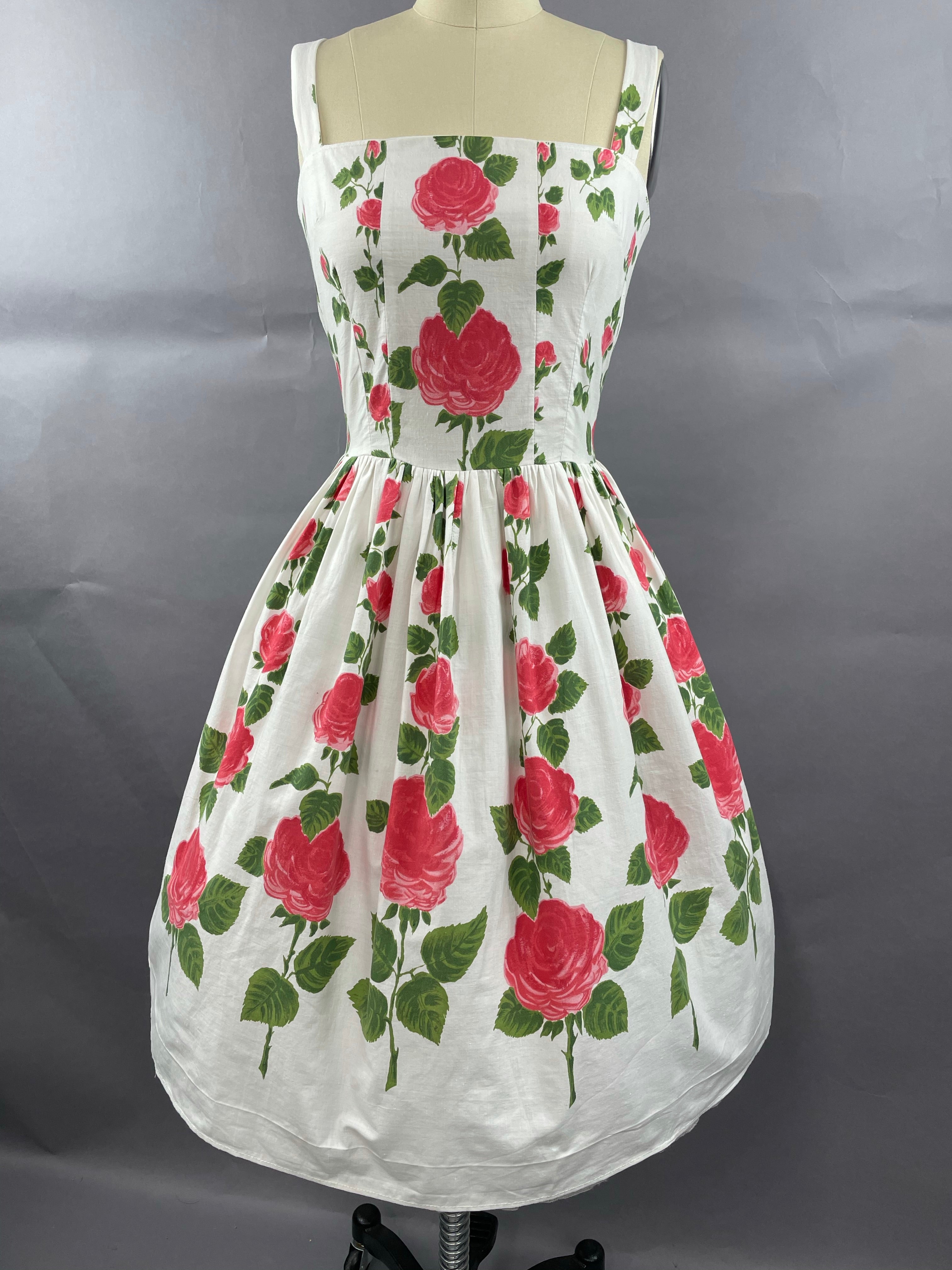 1950s Long Stemmed Rose Print Cotton Sundress Size S