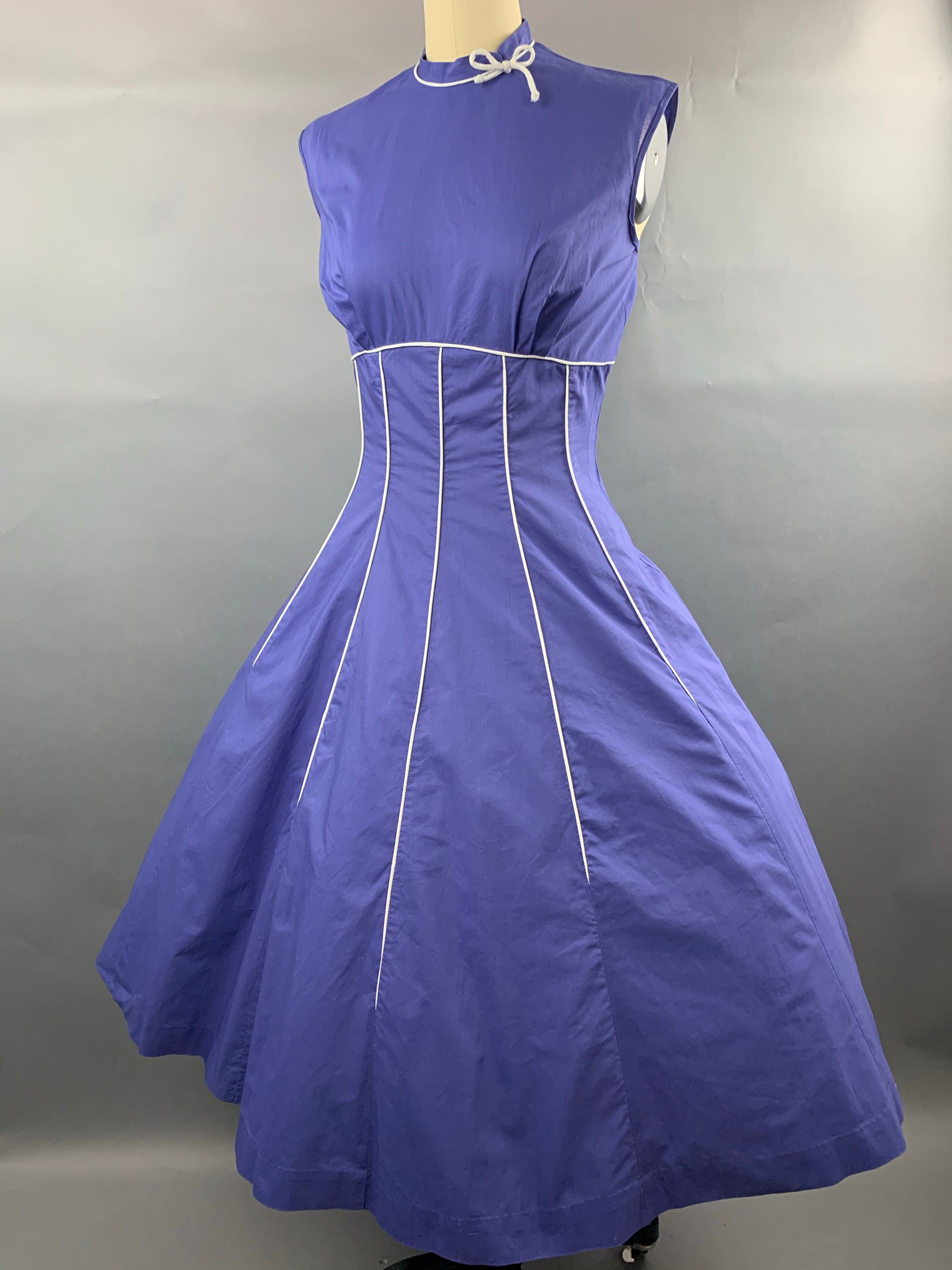 1950s Indigo Violet Blue Cotton Dress with White Piping Size S